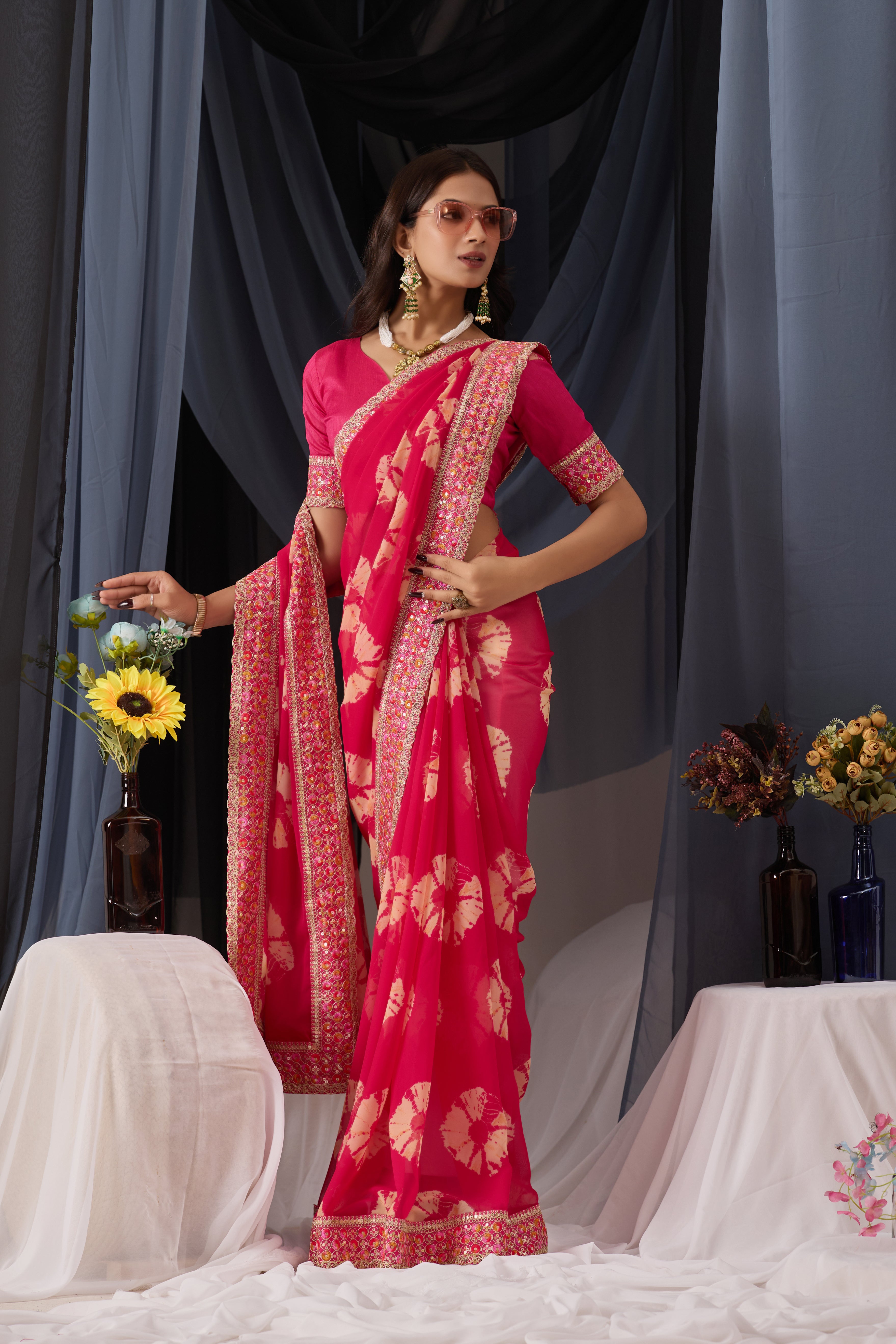 Scarlet Pink Batik Georgette Saree with Embroidered Border