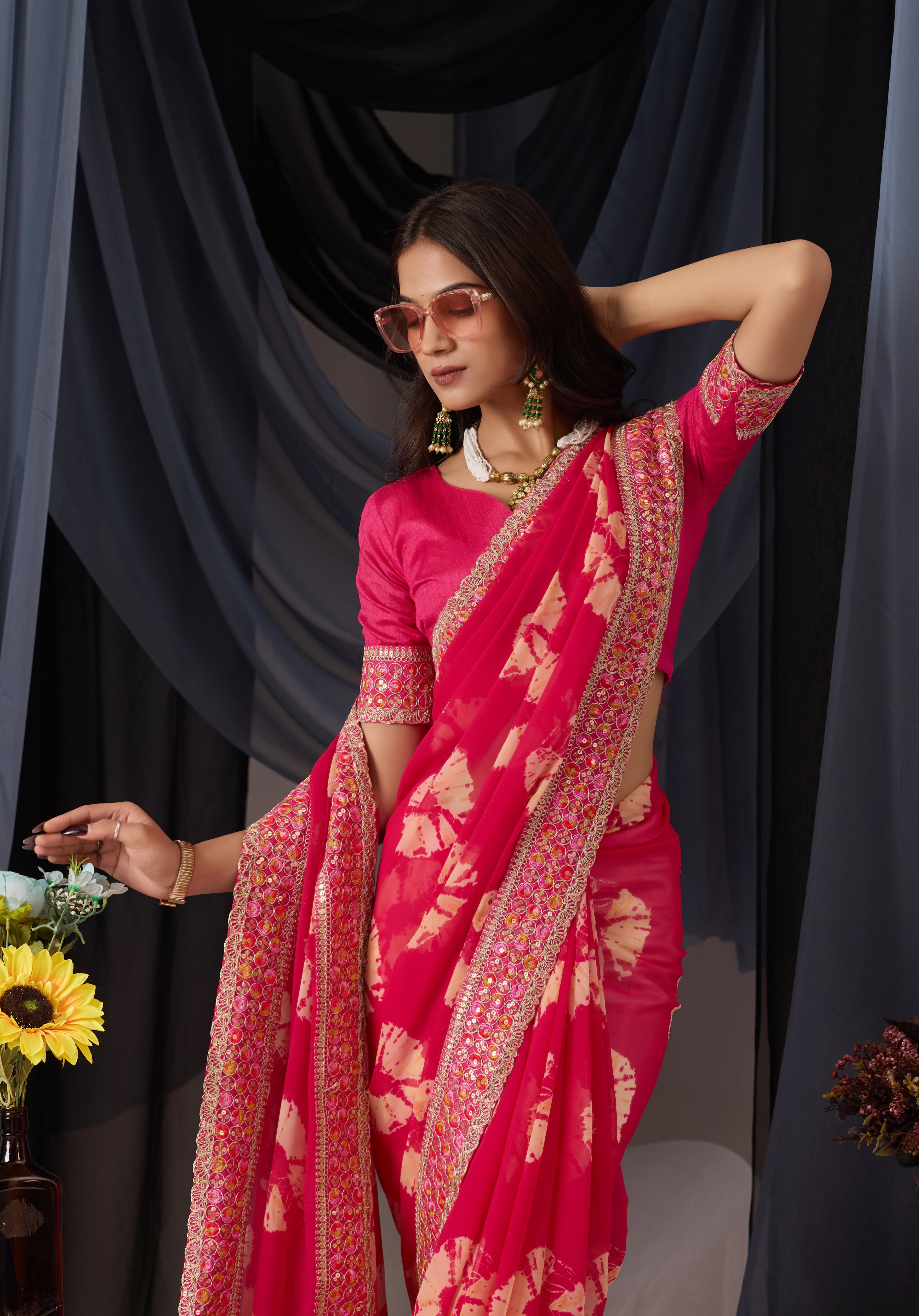 Scarlet Pink Batik Georgette Saree with Embroidered Border