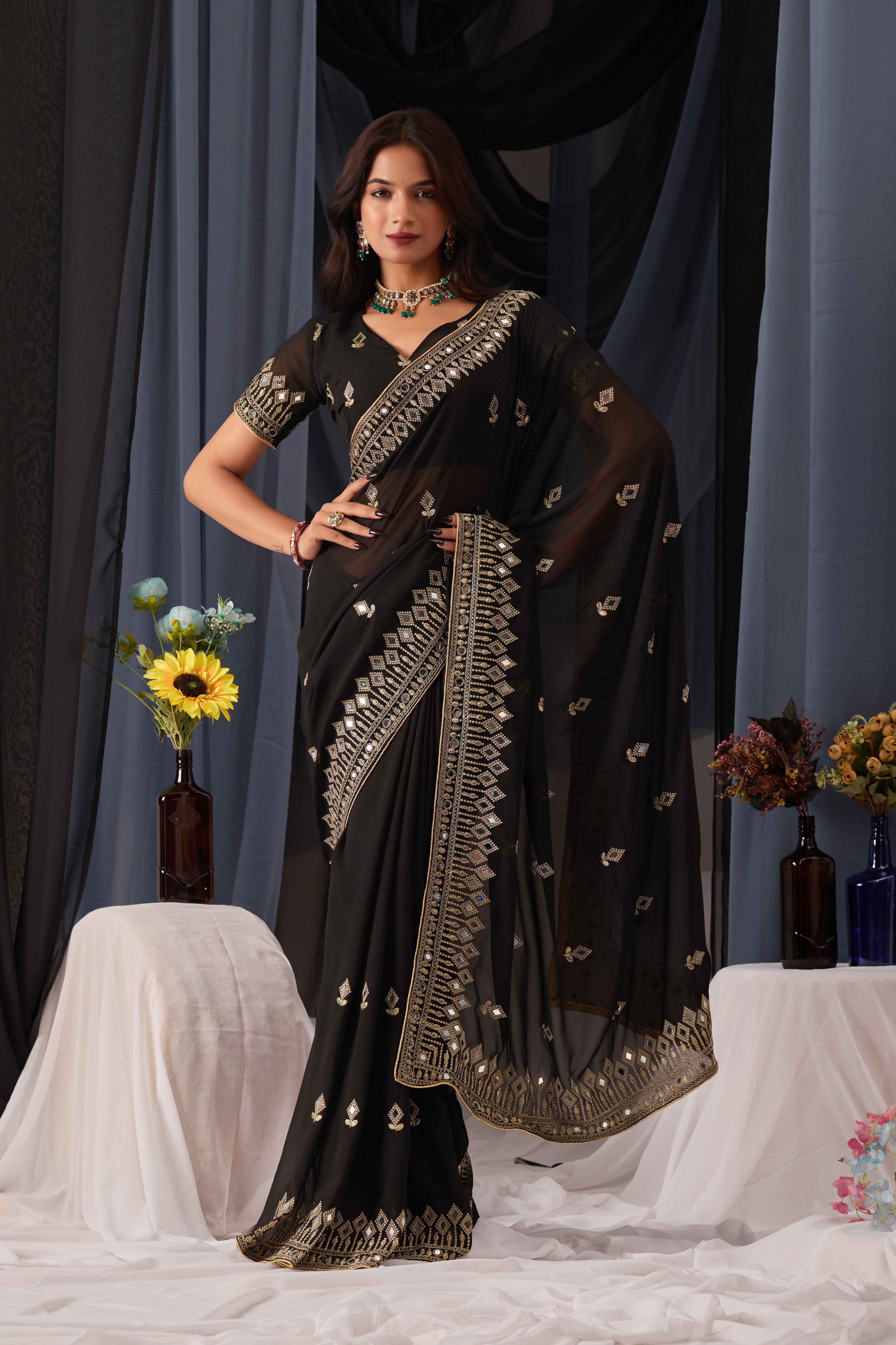 Elegant Black Georgette Saree with Golden Embroidered Border