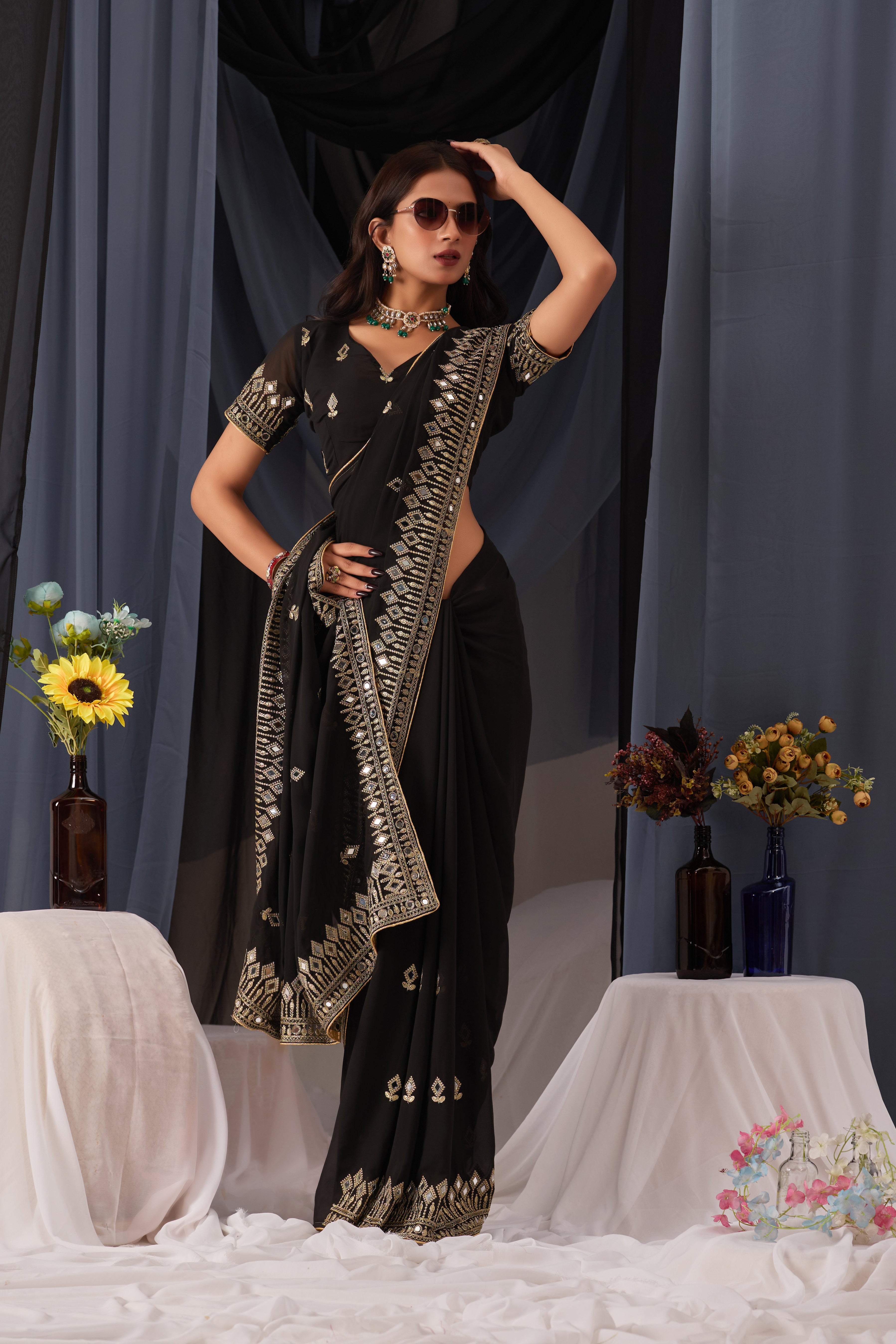 Elegant Black Georgette Saree with Golden Embroidered Border