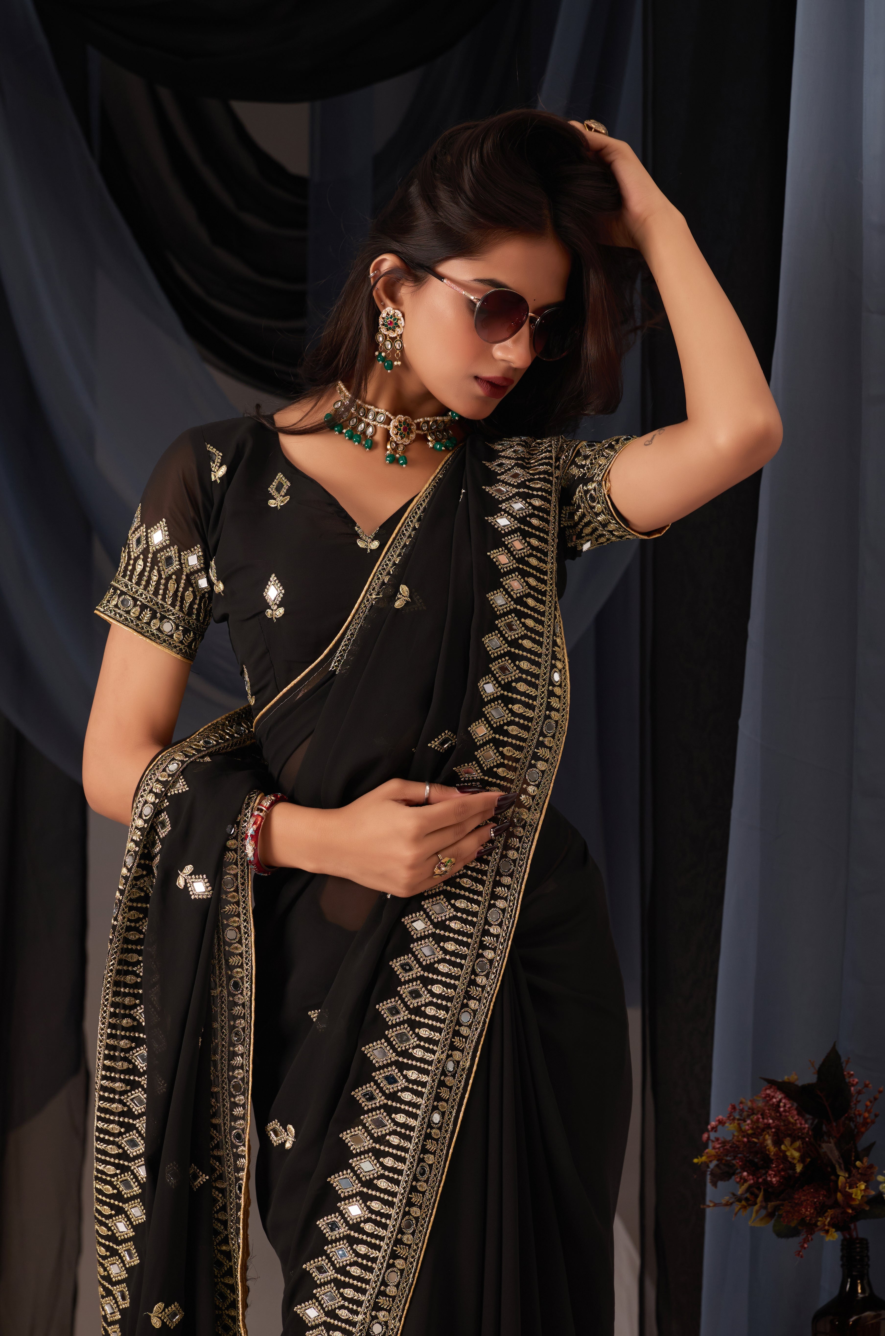 Elegant Black Georgette Saree with Golden Embroidered Border
