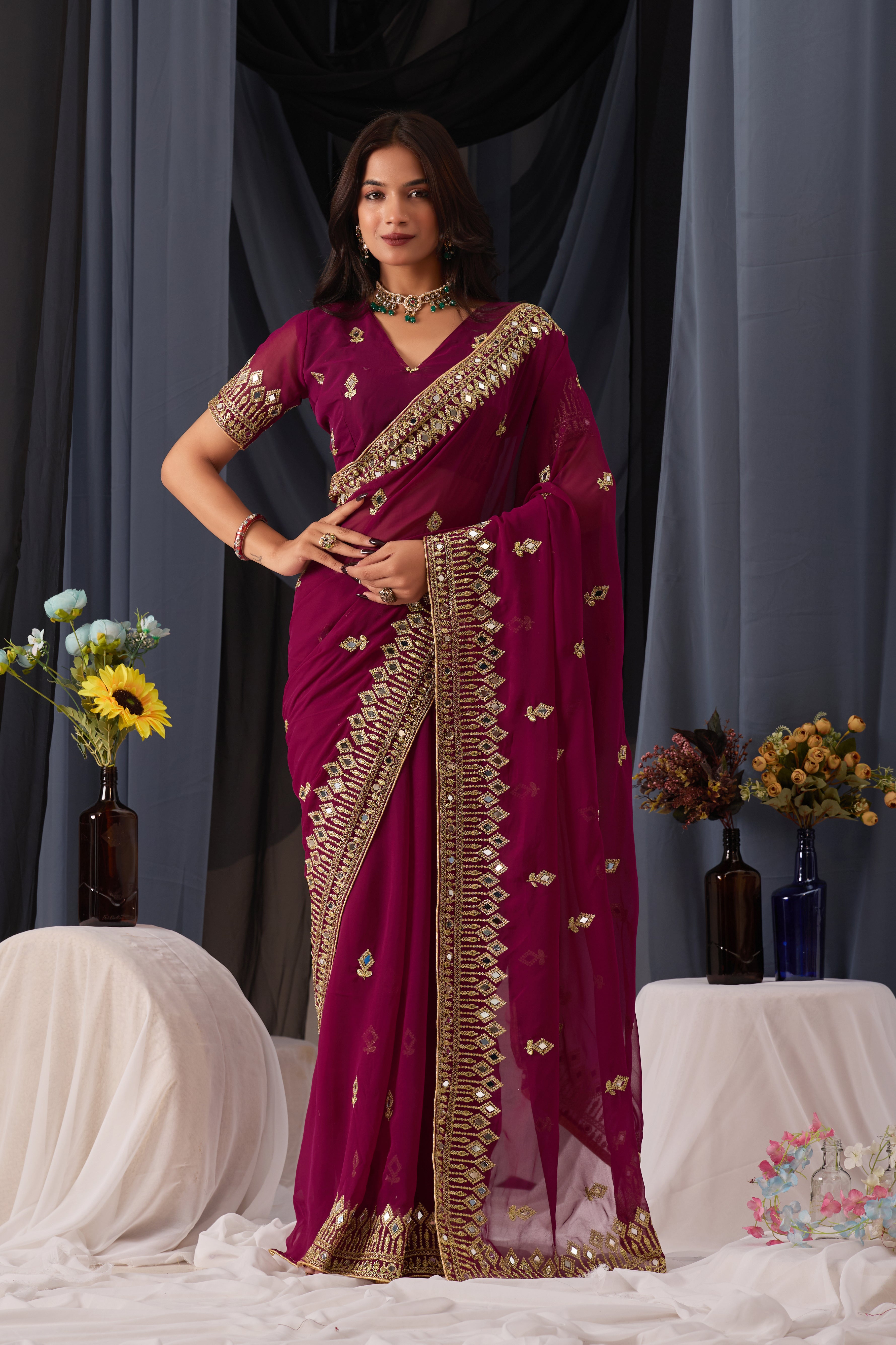 Elegant Bit Georgette Saree with Golden Embroidered Border