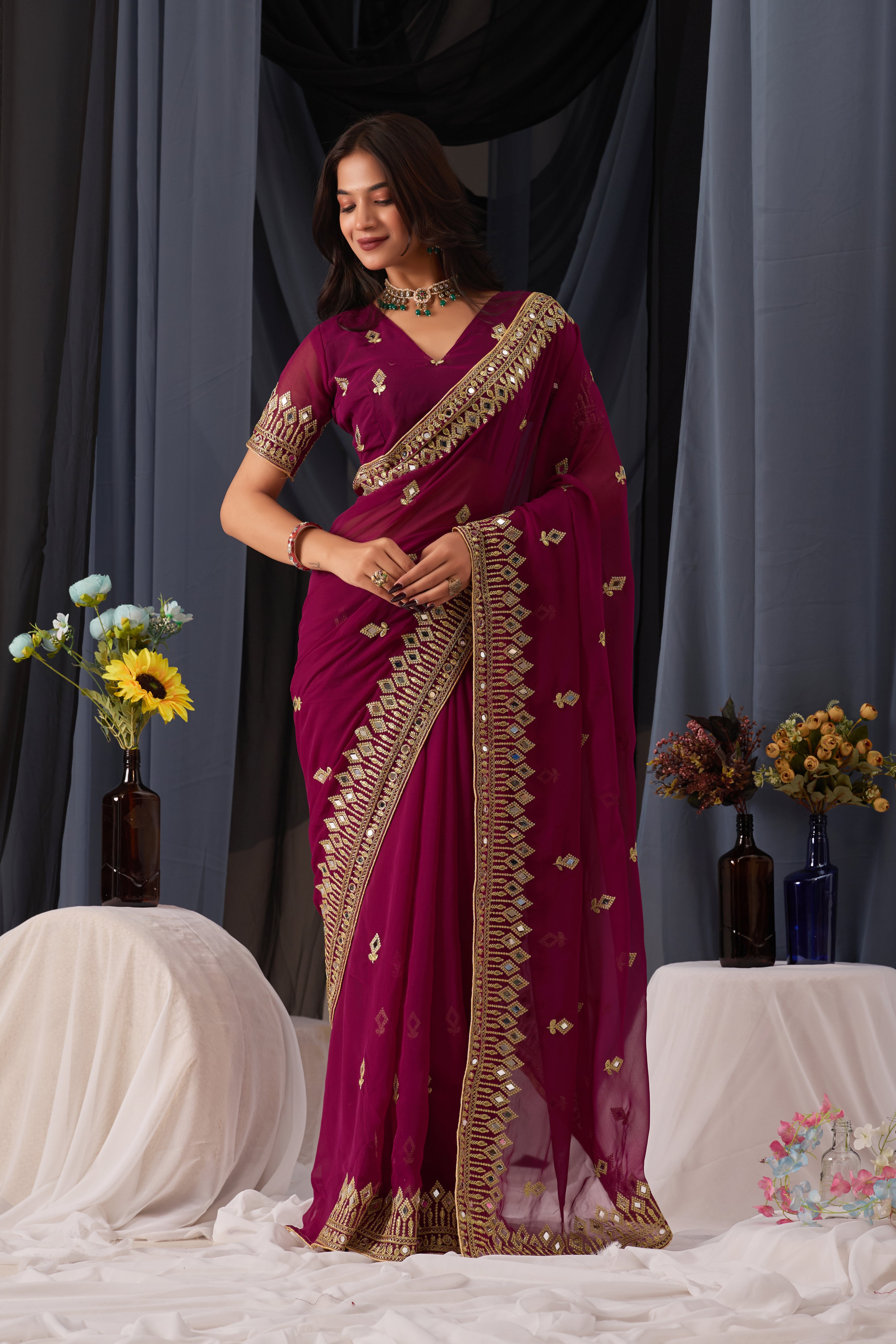 Elegant Bit Georgette Saree with Golden Embroidered Border
