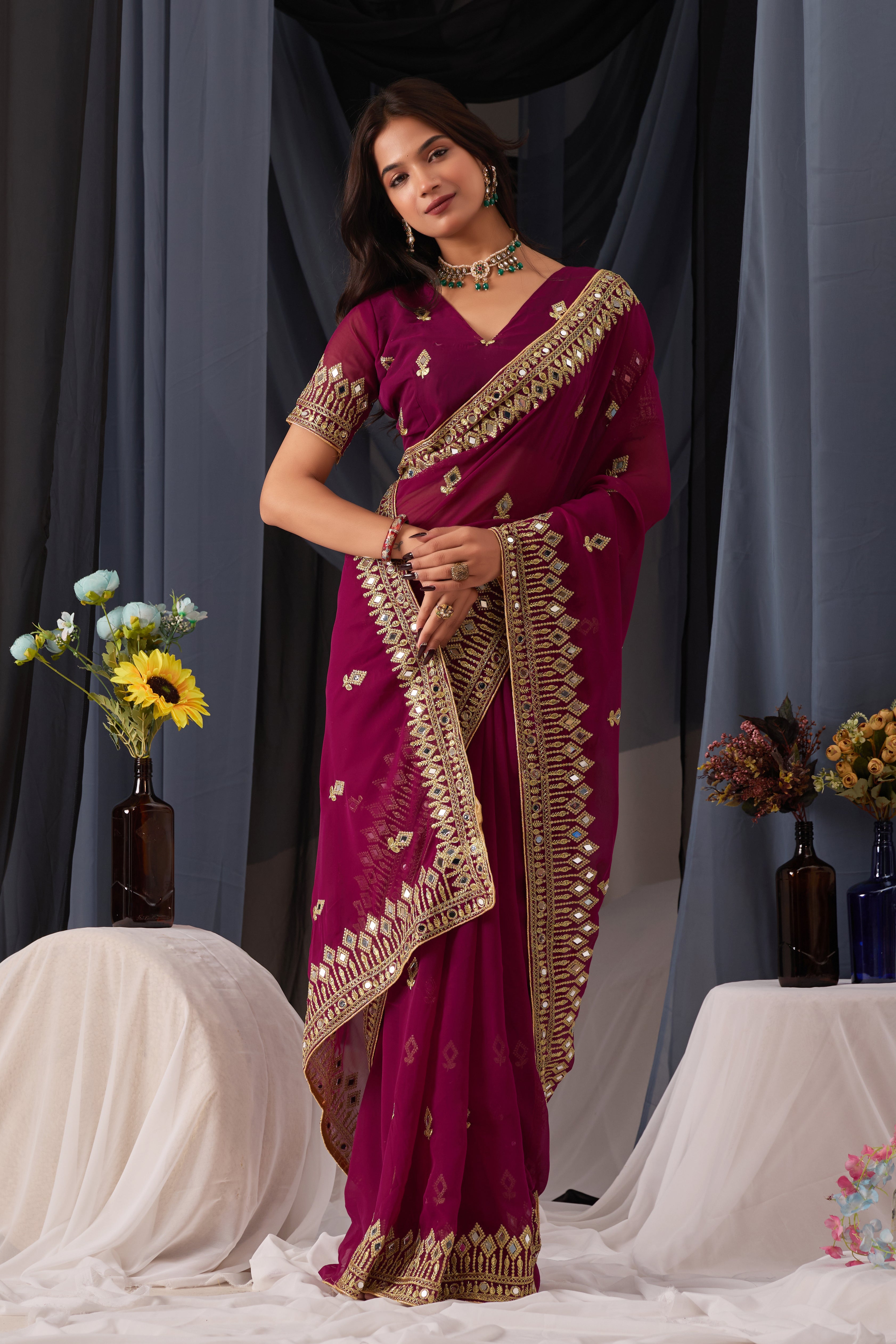 Elegant Bit Georgette Saree with Golden Embroidered Border