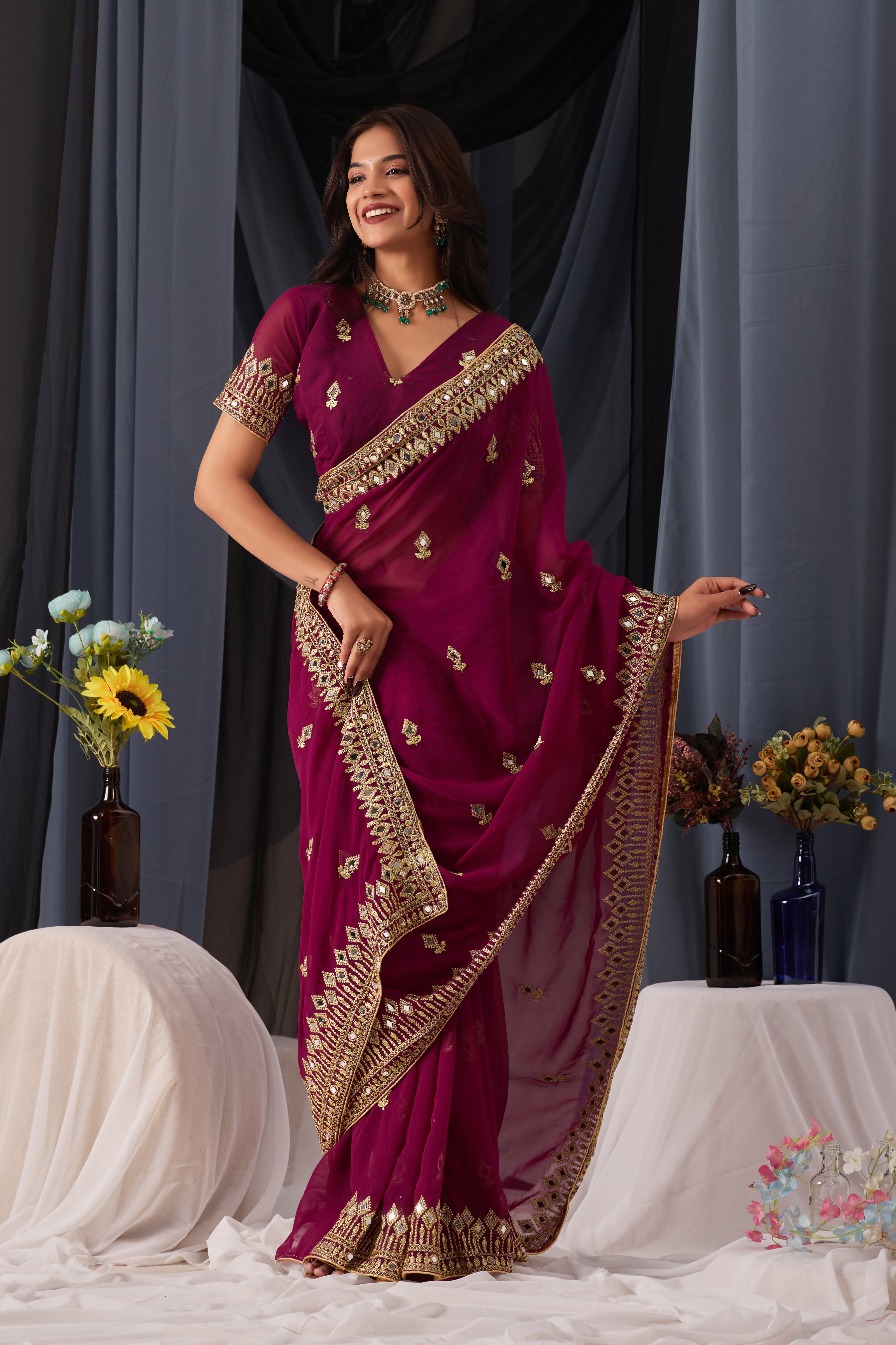 Elegant Bit Georgette Saree with Golden Embroidered Border