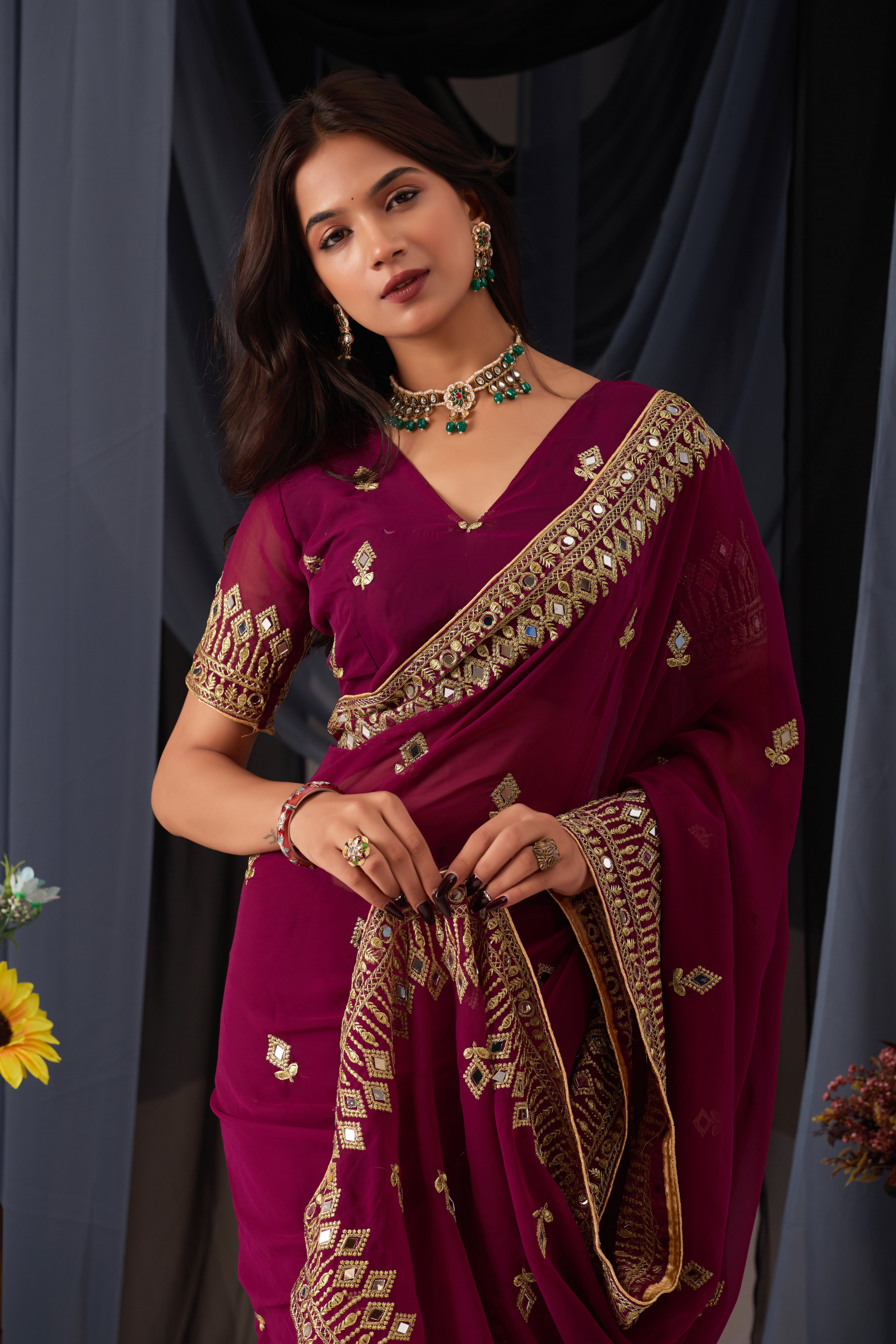 Elegant Bit Georgette Saree with Golden Embroidered Border