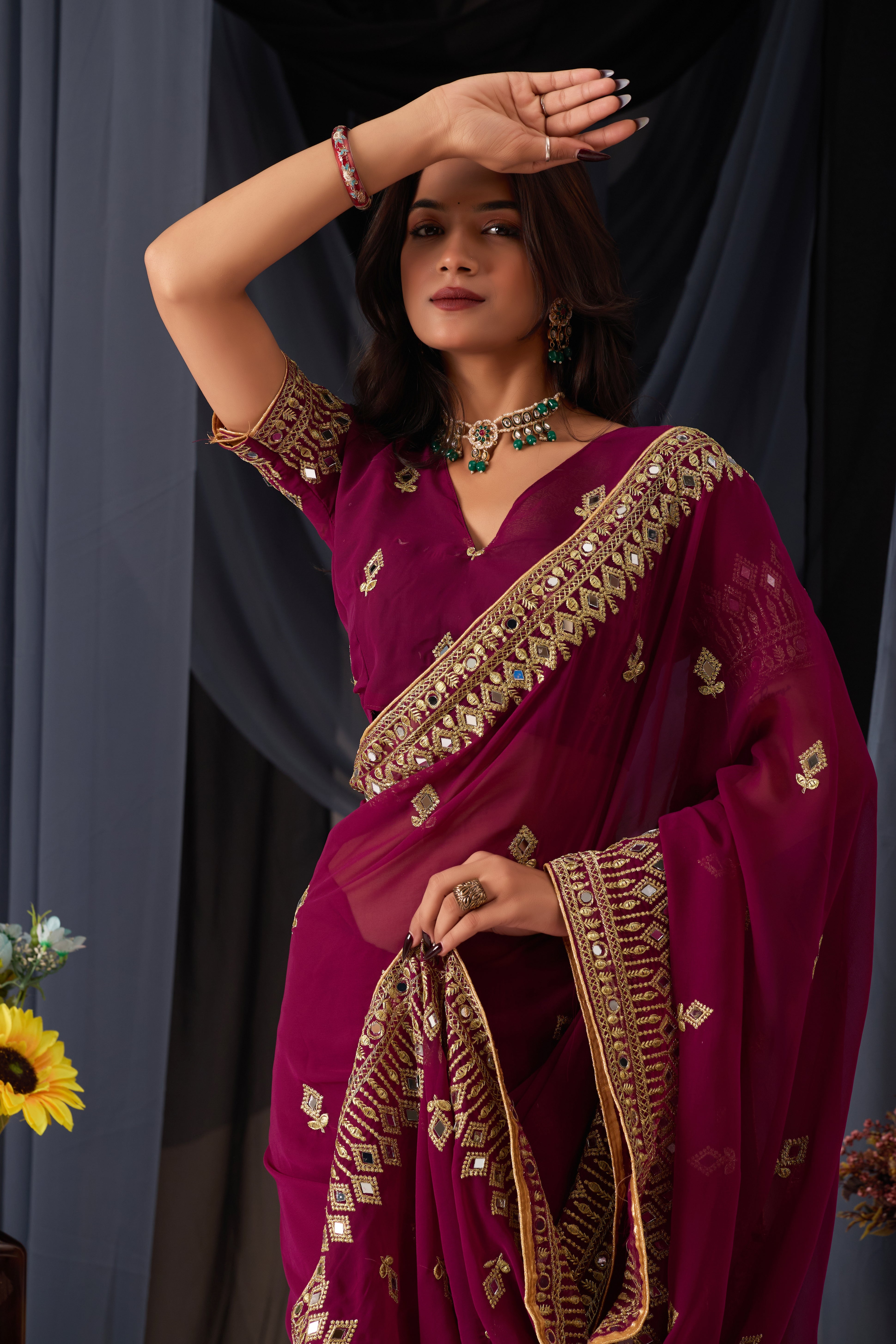 Elegant Bit Georgette Saree with Golden Embroidered Border