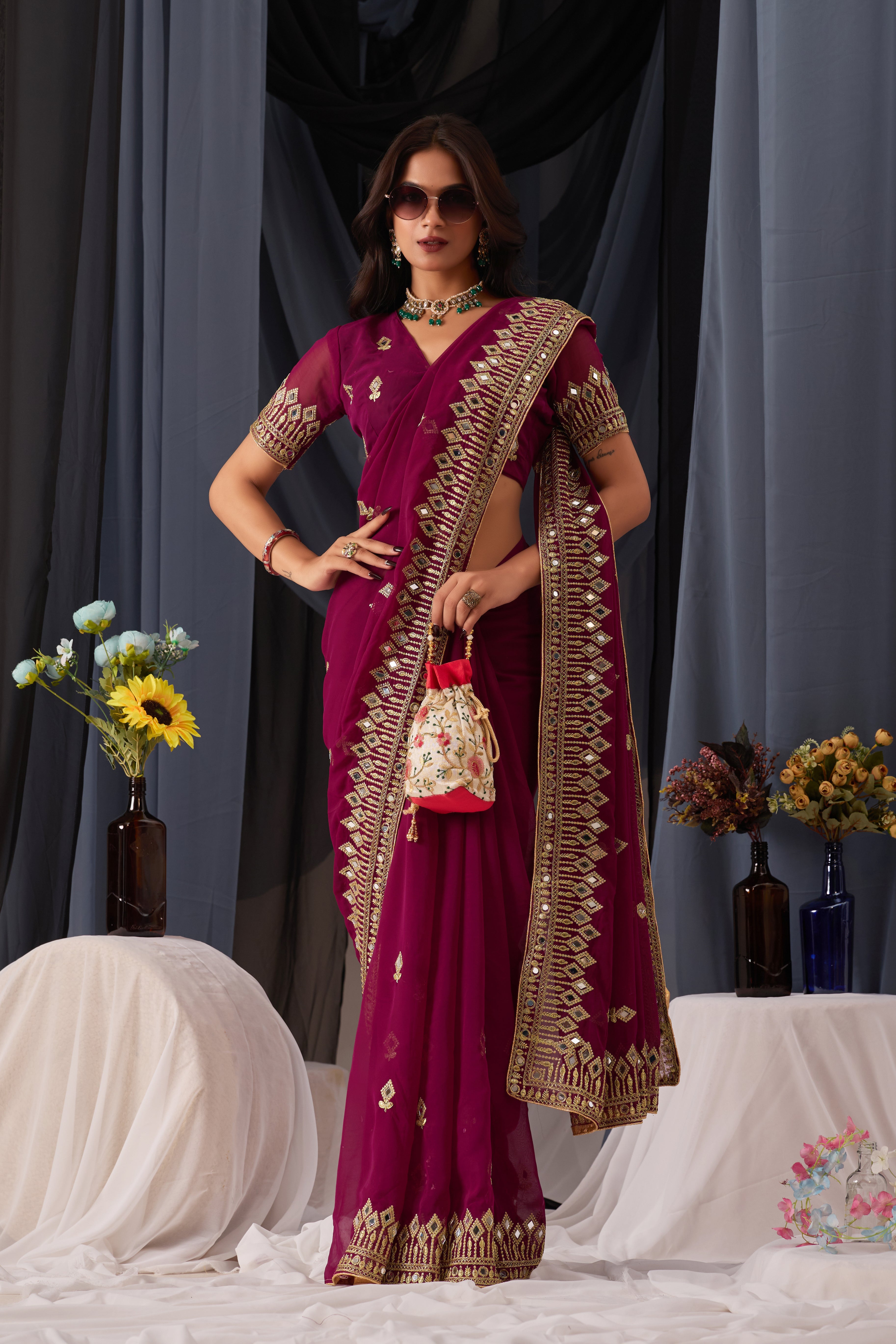 Elegant Bit Georgette Saree with Golden Embroidered Border