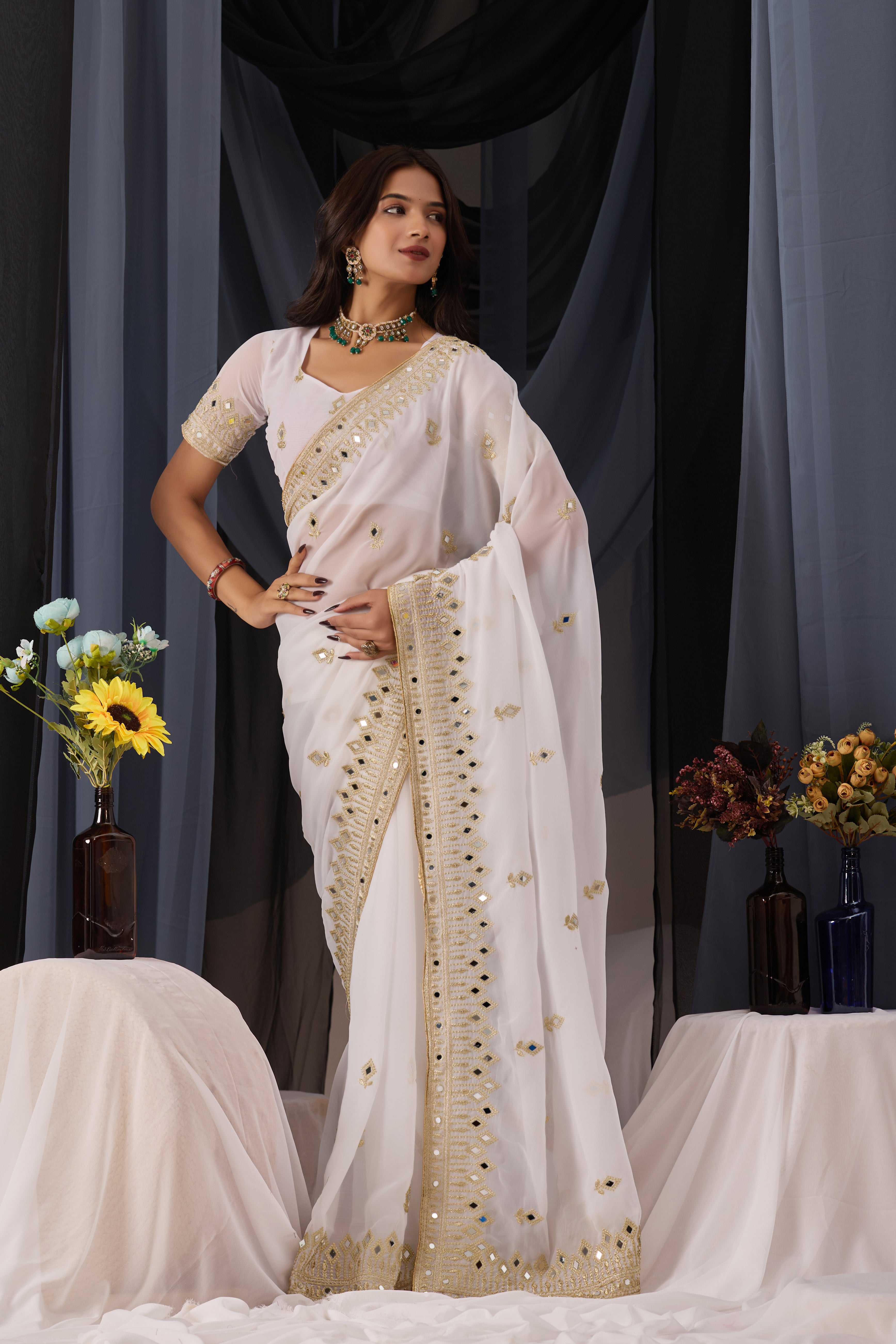 Elegant White Georgette Saree with Golden Embroidered Border