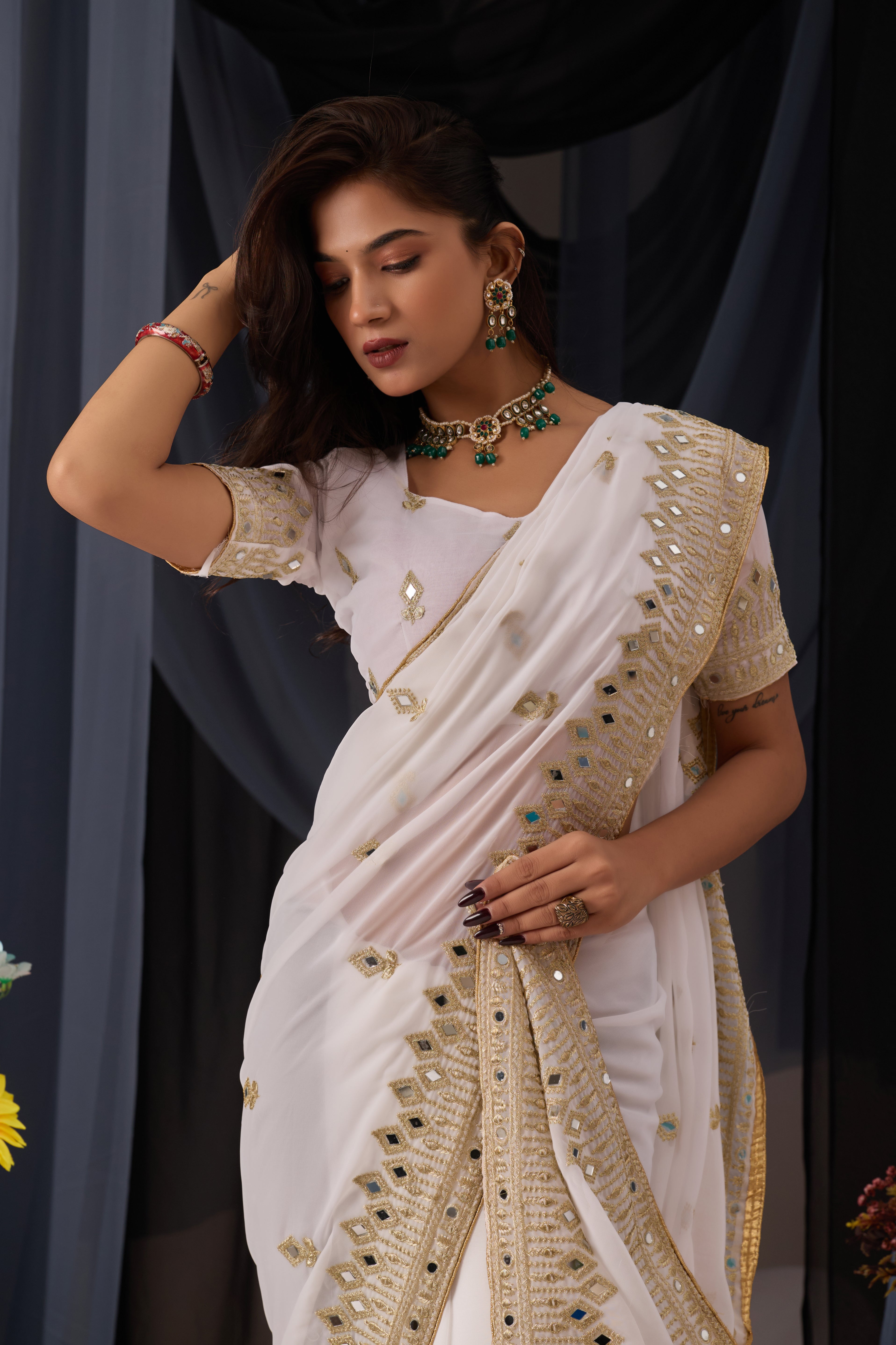 Elegant White Georgette Saree with Golden Embroidered Border