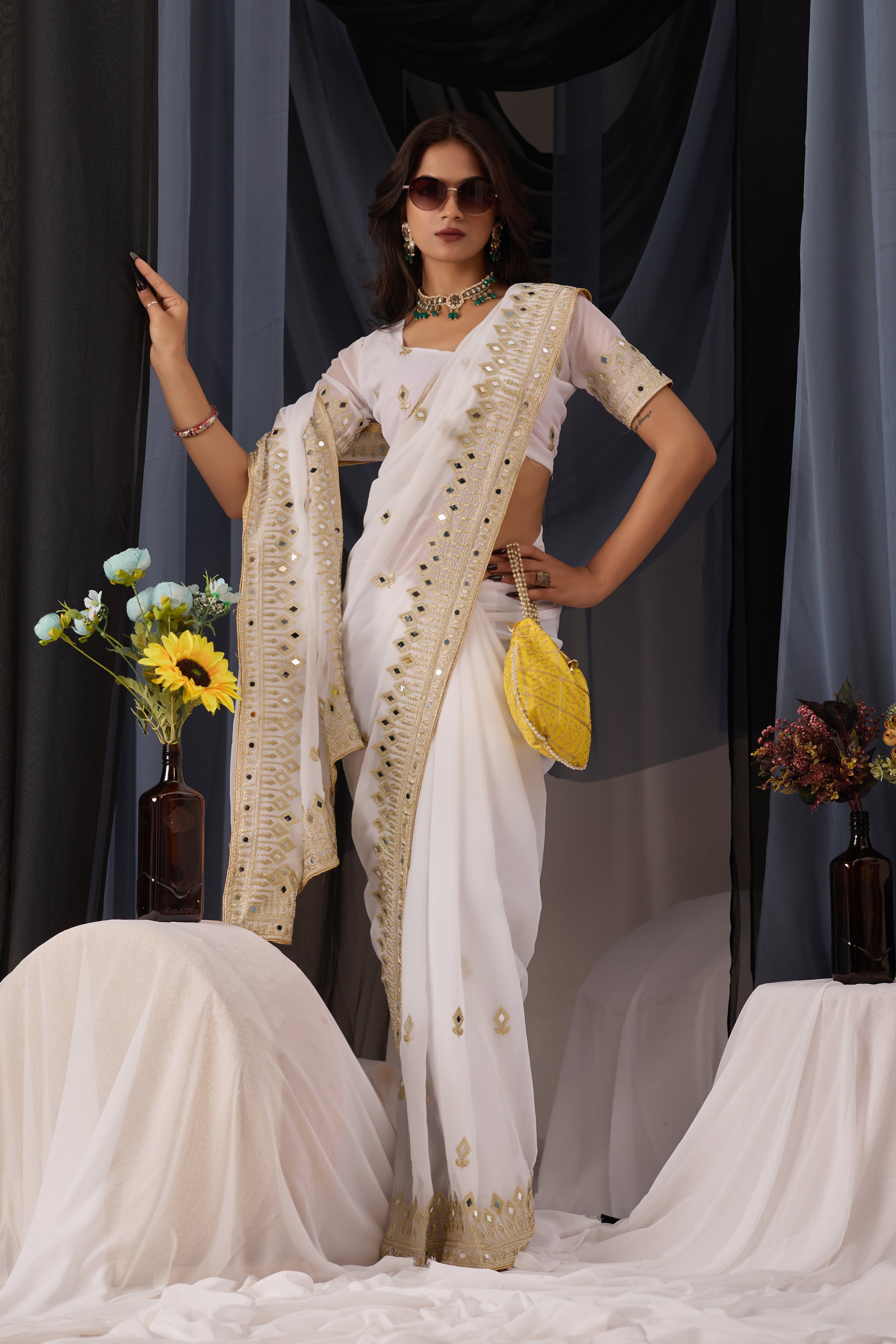 Elegant White Georgette Saree with Golden Embroidered Border