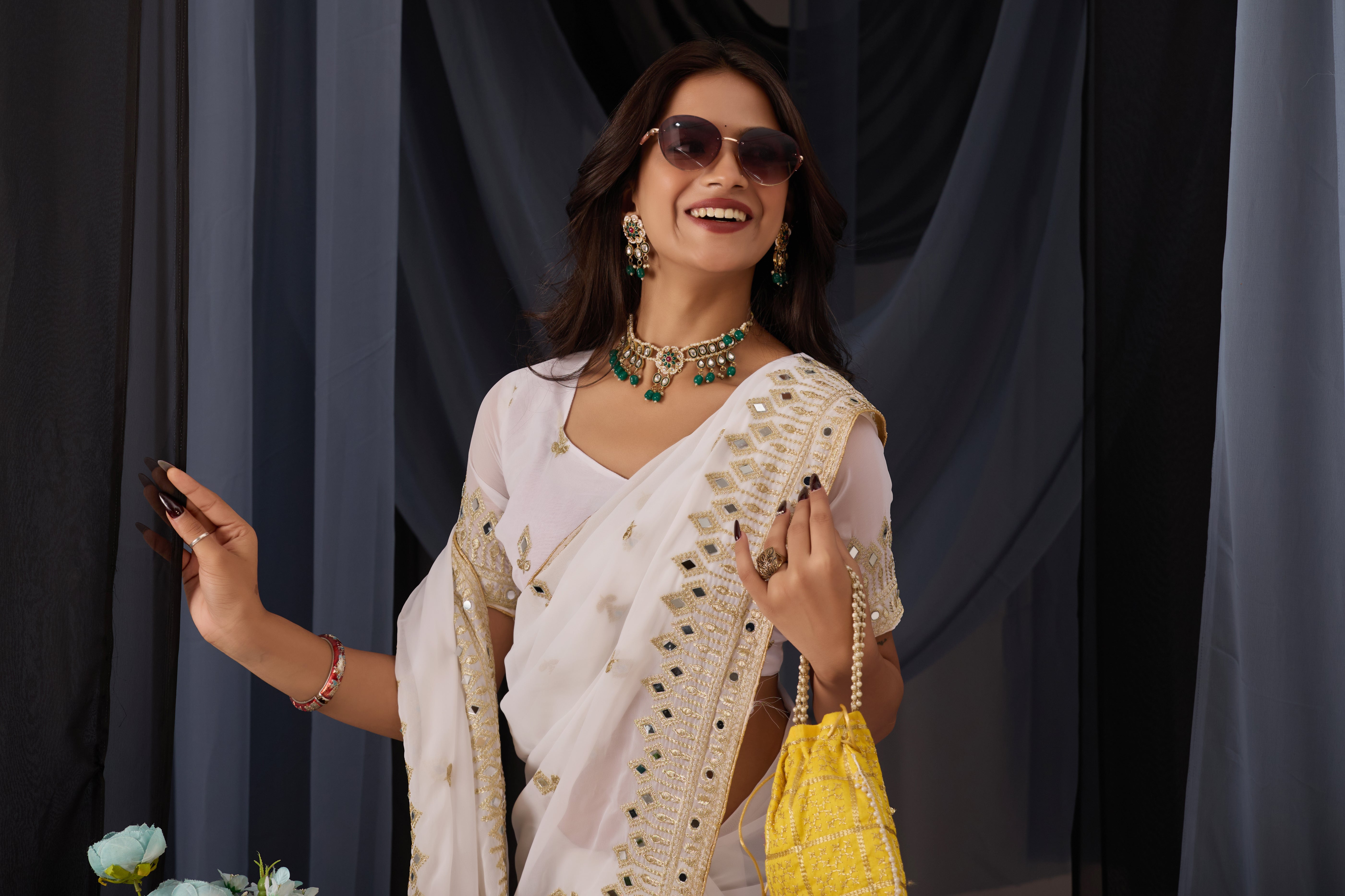 Elegant White Georgette Saree with Golden Embroidered Border