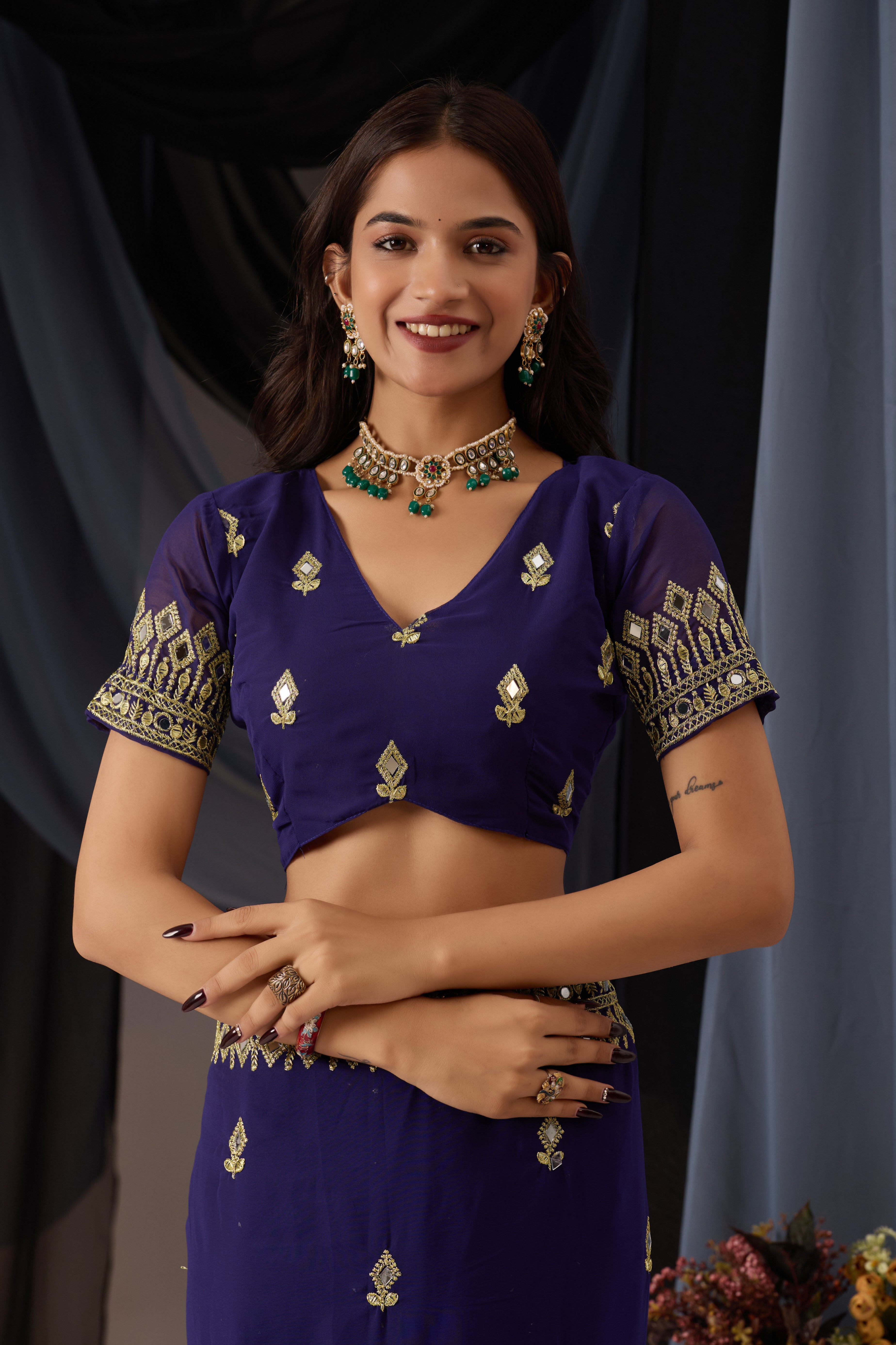 Elegant Navy Blue Georgette Saree with Golden Embroidered Border