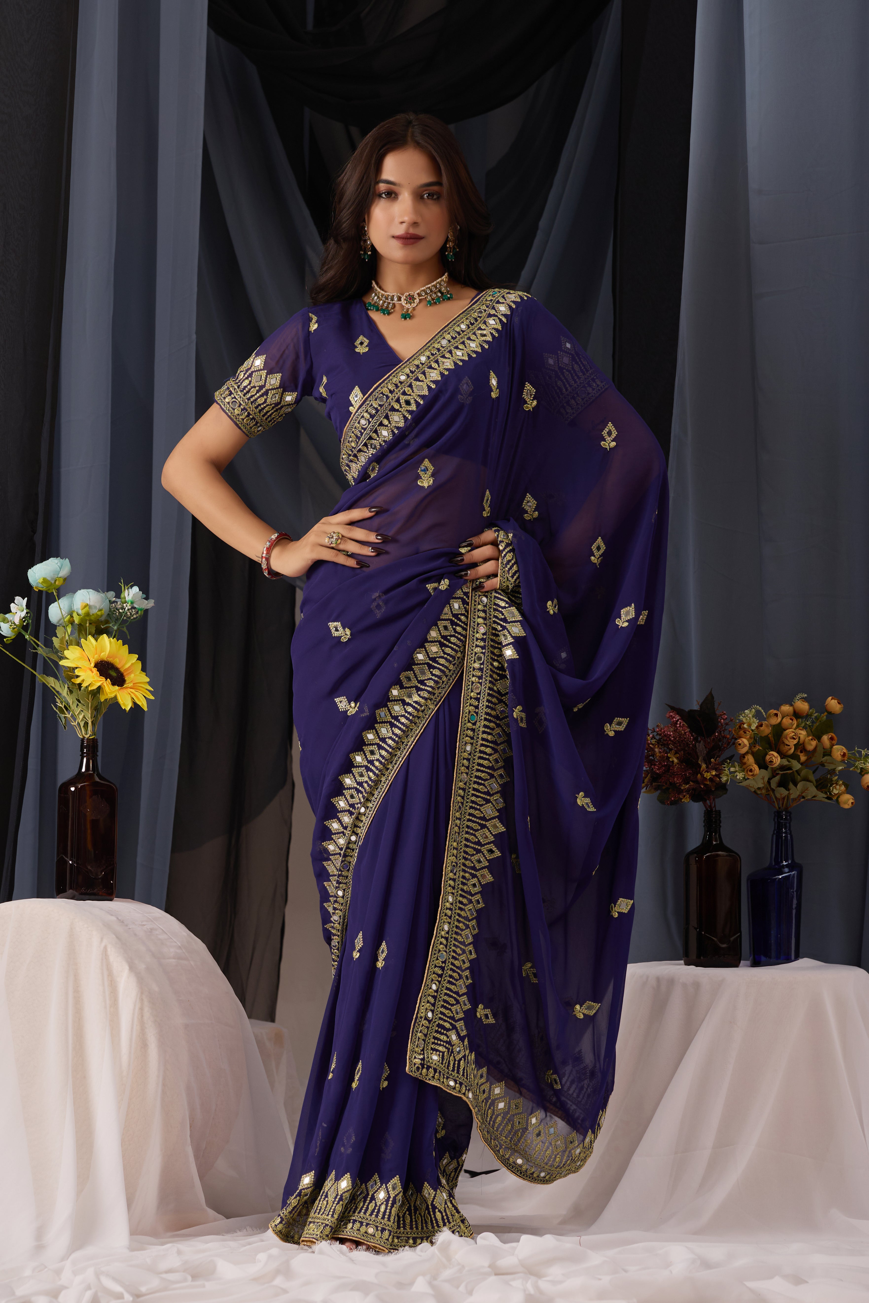 Elegant Navy Blue Georgette Saree with Golden Embroidered Border