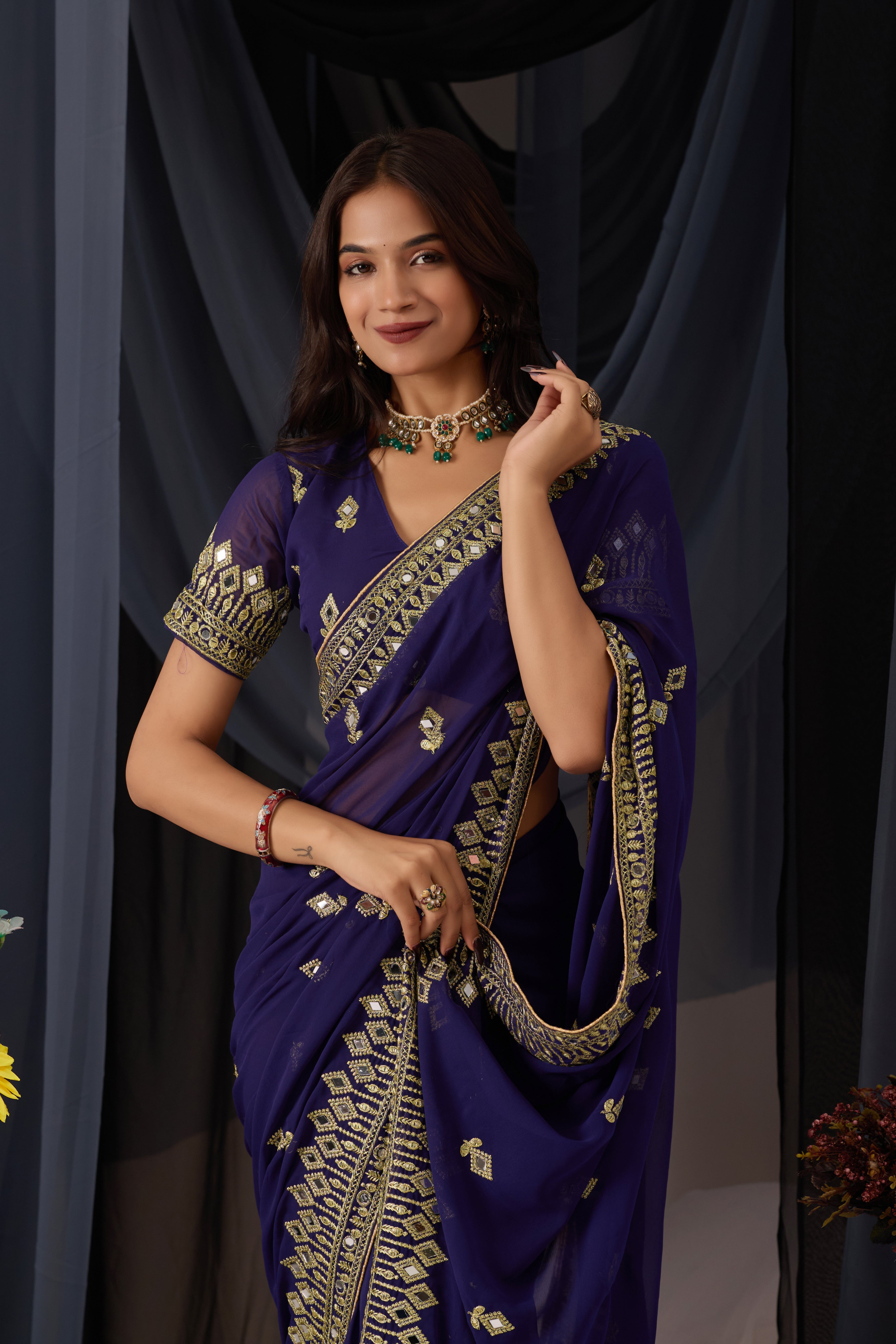 Elegant Navy Blue Georgette Saree with Golden Embroidered Border