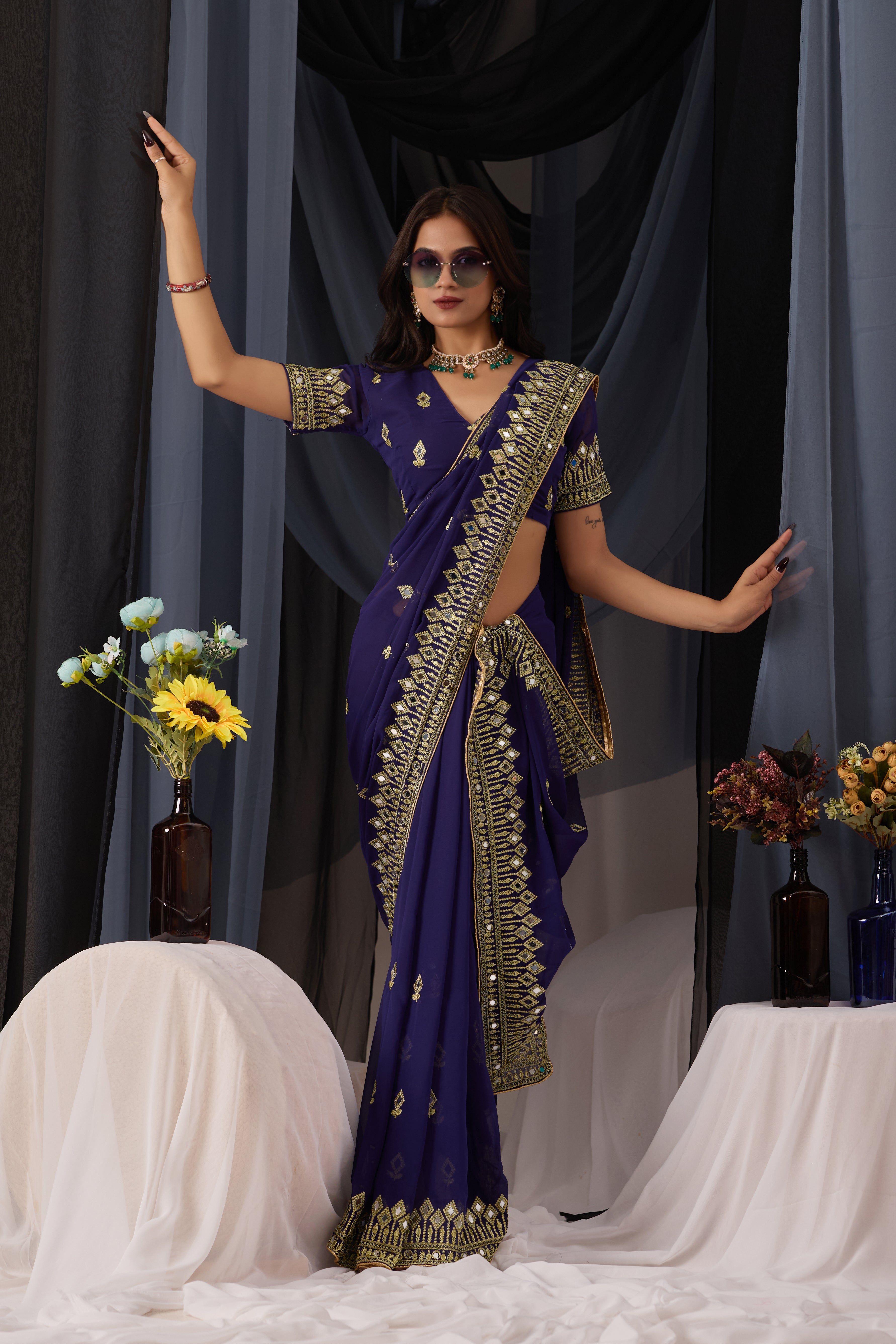 Elegant Navy Blue Georgette Saree with Golden Embroidered Border