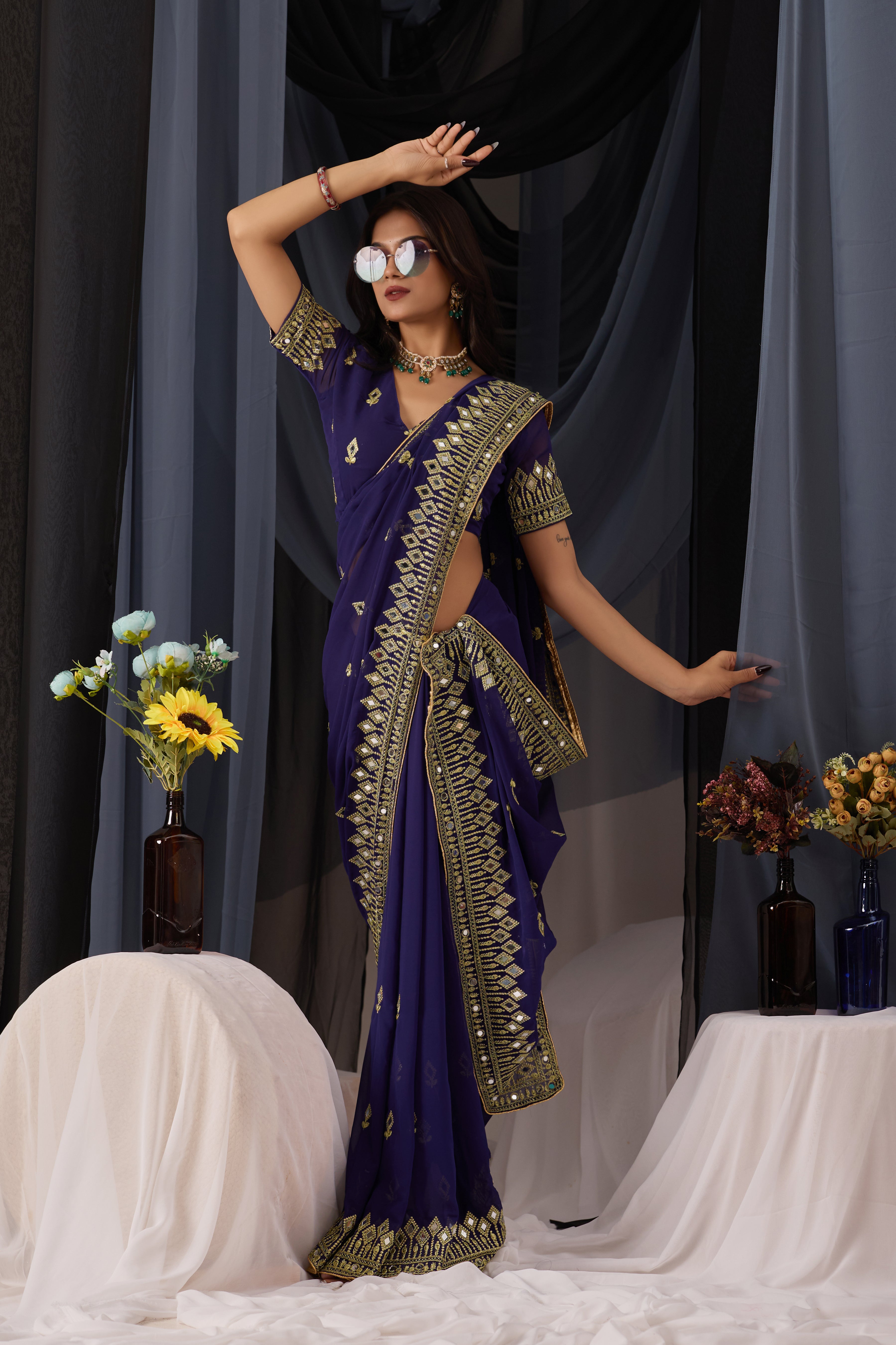 Elegant Navy Blue Georgette Saree with Golden Embroidered Border