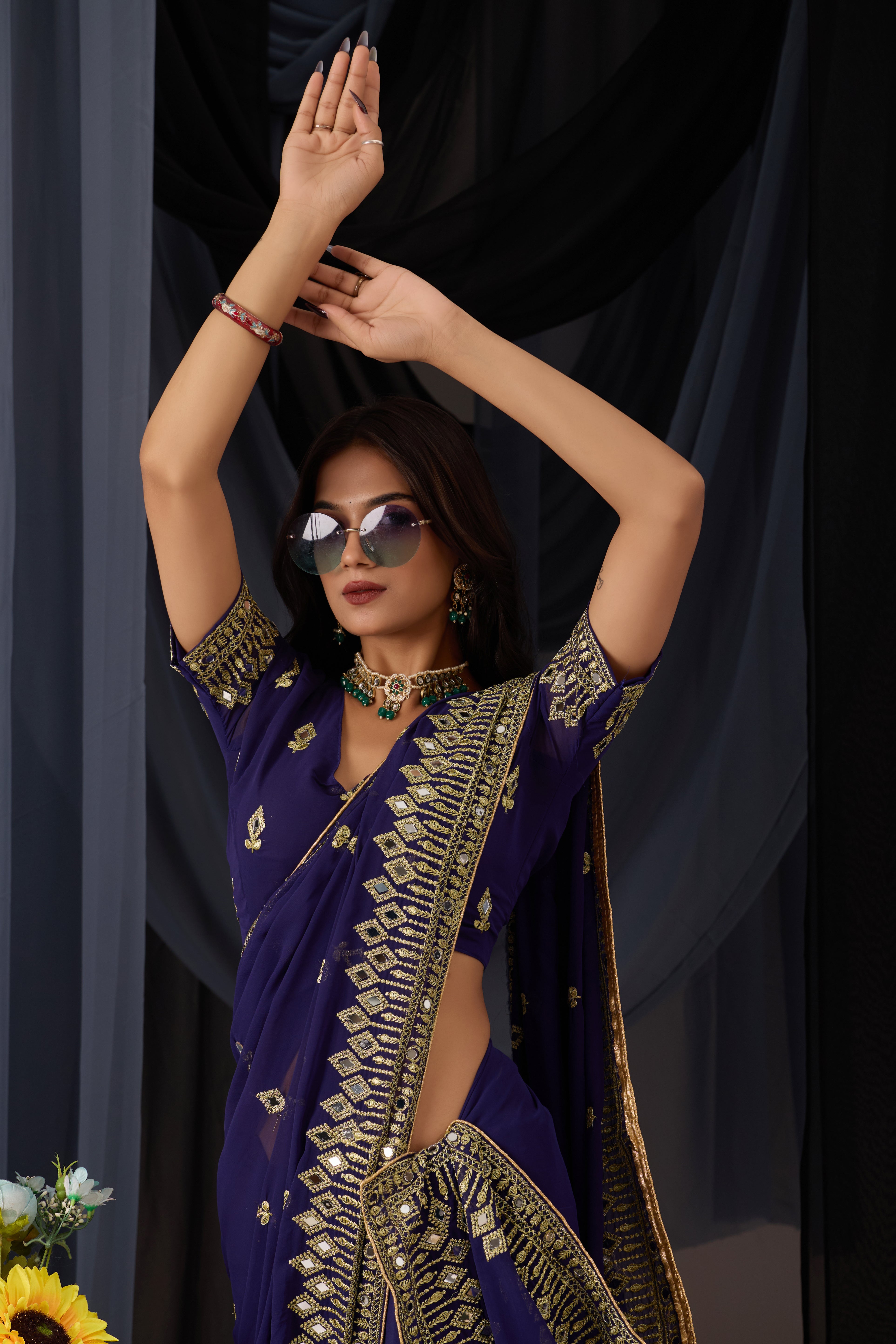 Elegant Navy Blue Georgette Saree with Golden Embroidered Border