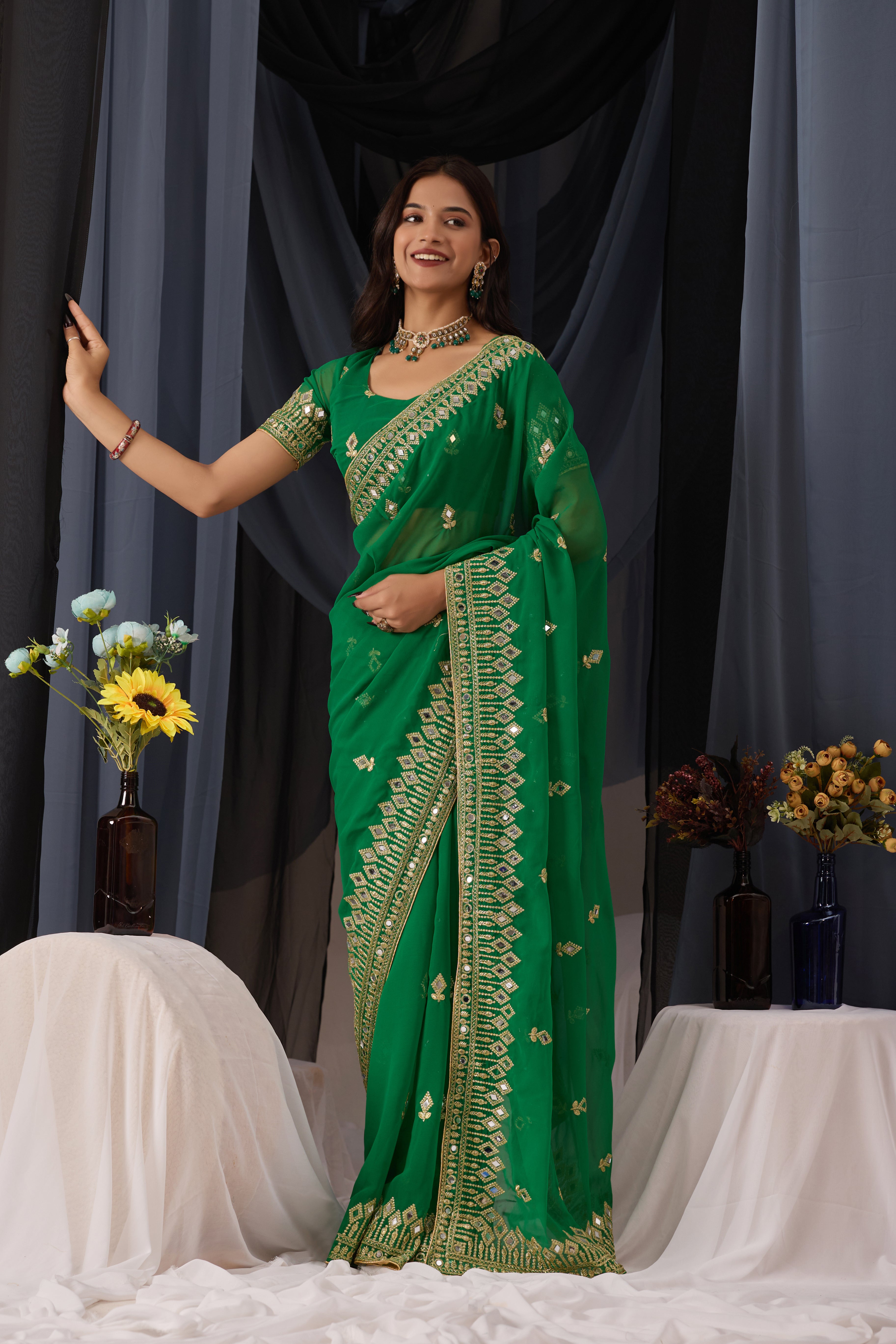 Elegant Green Georgette Saree with Golden Embroidered Border