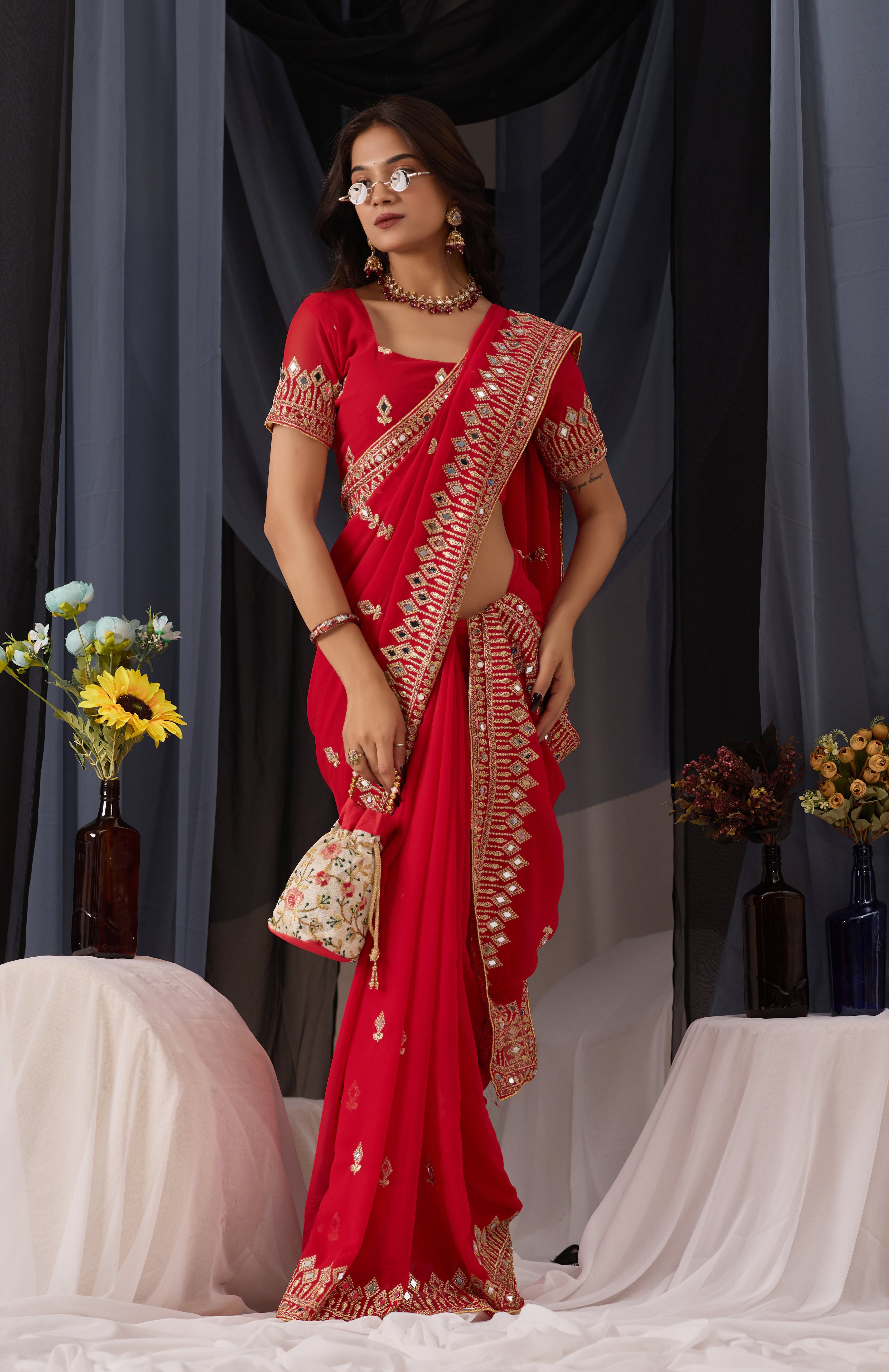 Elegant Red Georgette Saree with Golden Embroidered Border