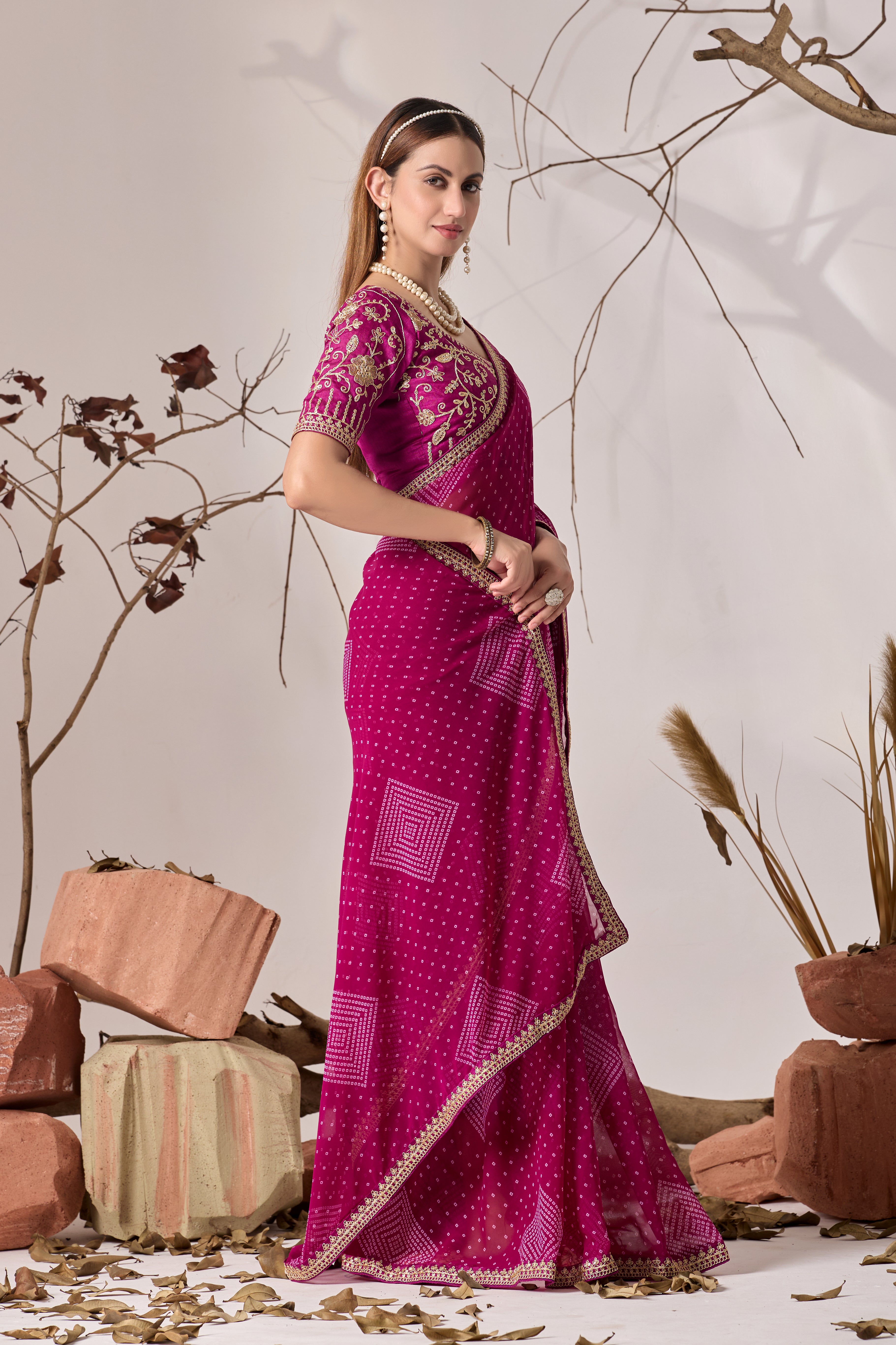 Bandhani Georgette Saree with Golden Embroidery