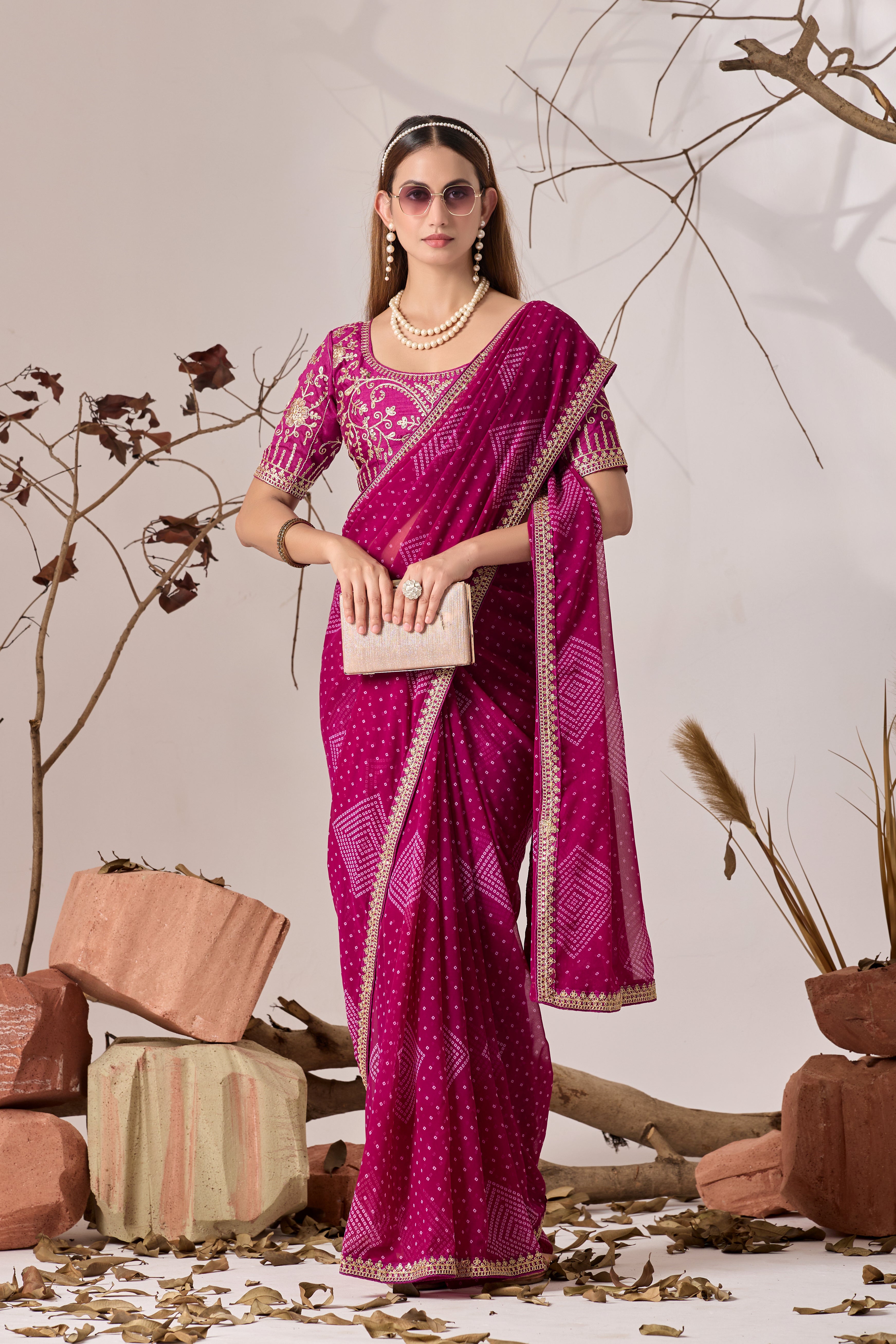 Bandhani Georgette Saree with Golden Embroidery