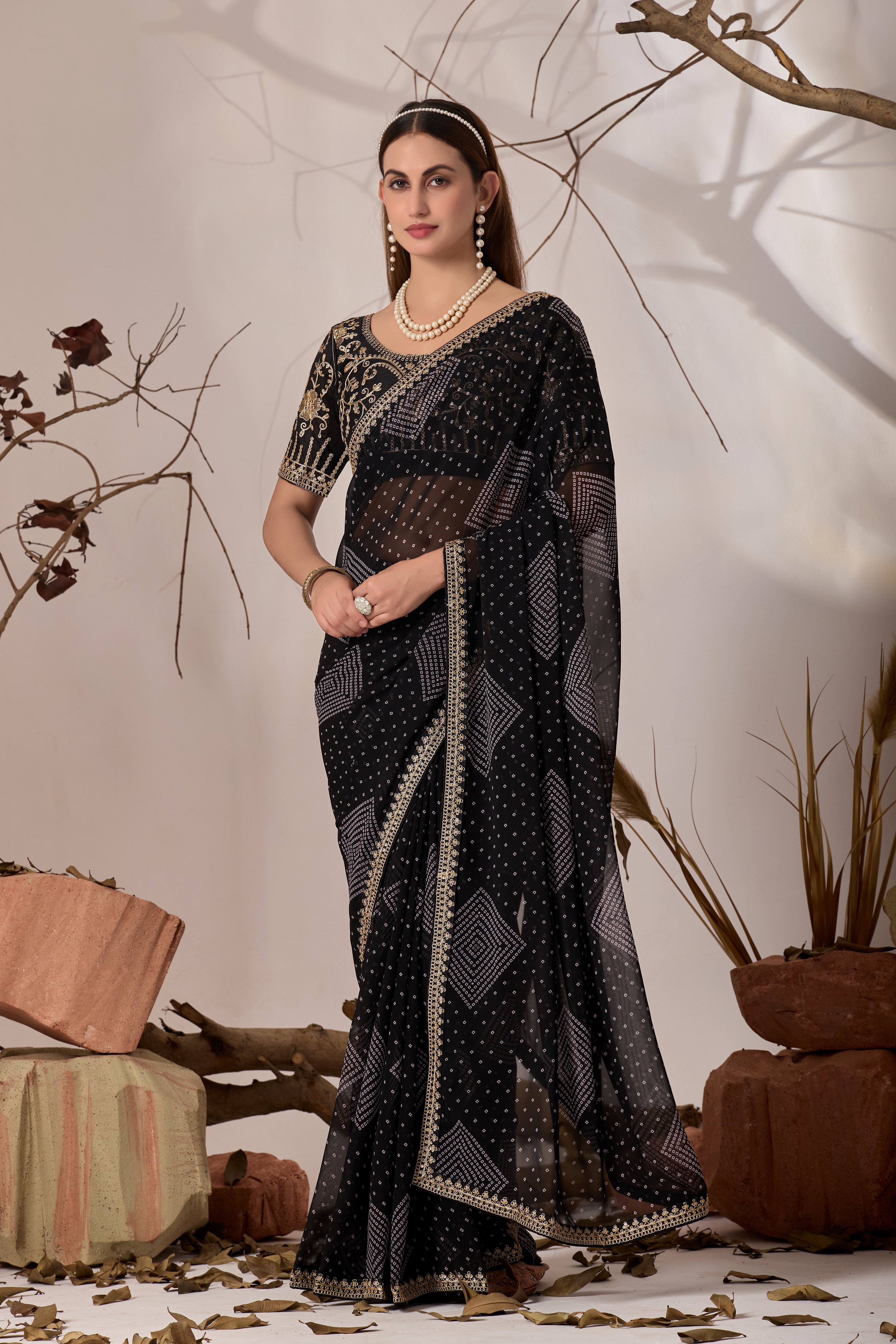 Bandhani Georgette Saree with Golden Embroidery