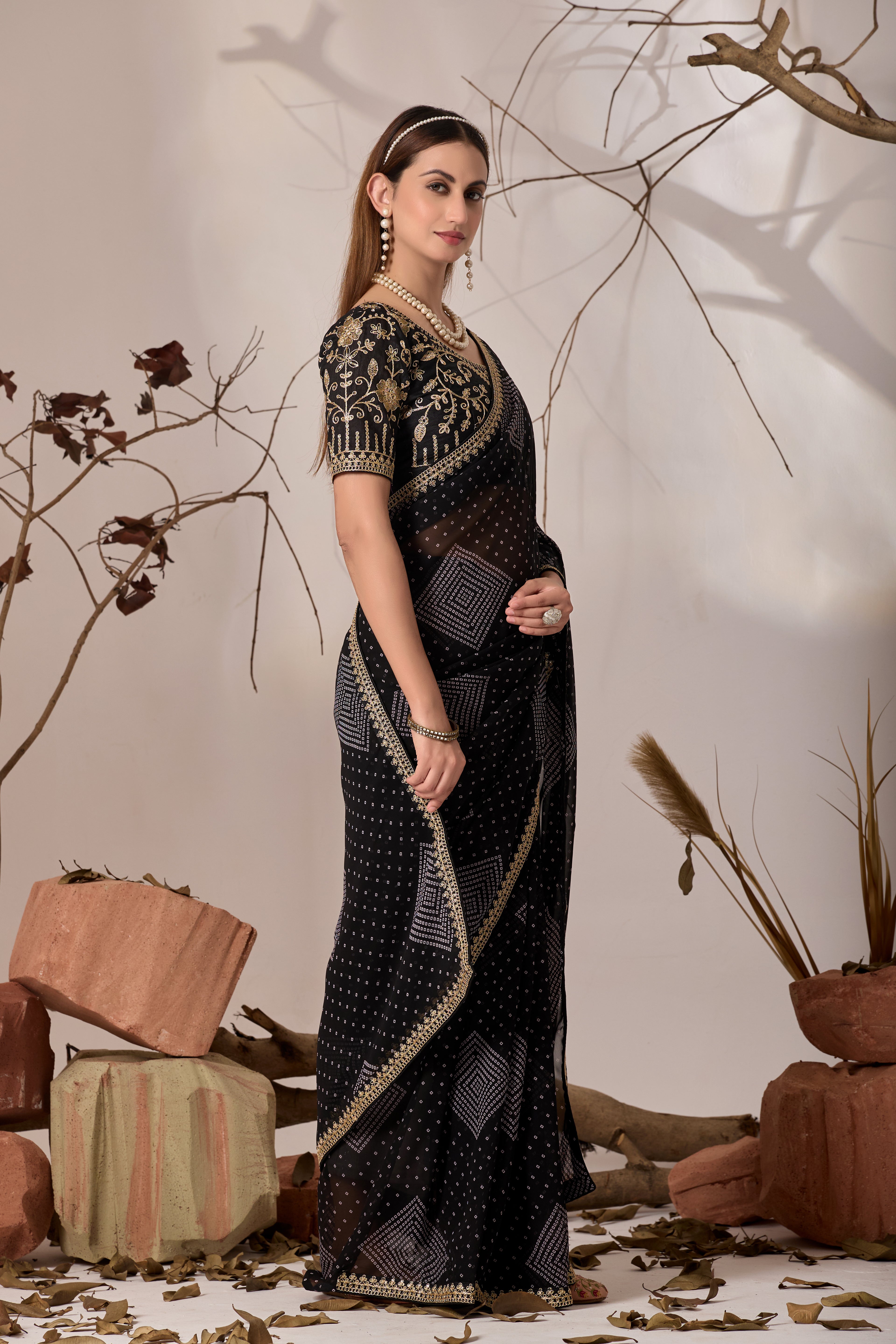 Bandhani Georgette Saree with Golden Embroidery