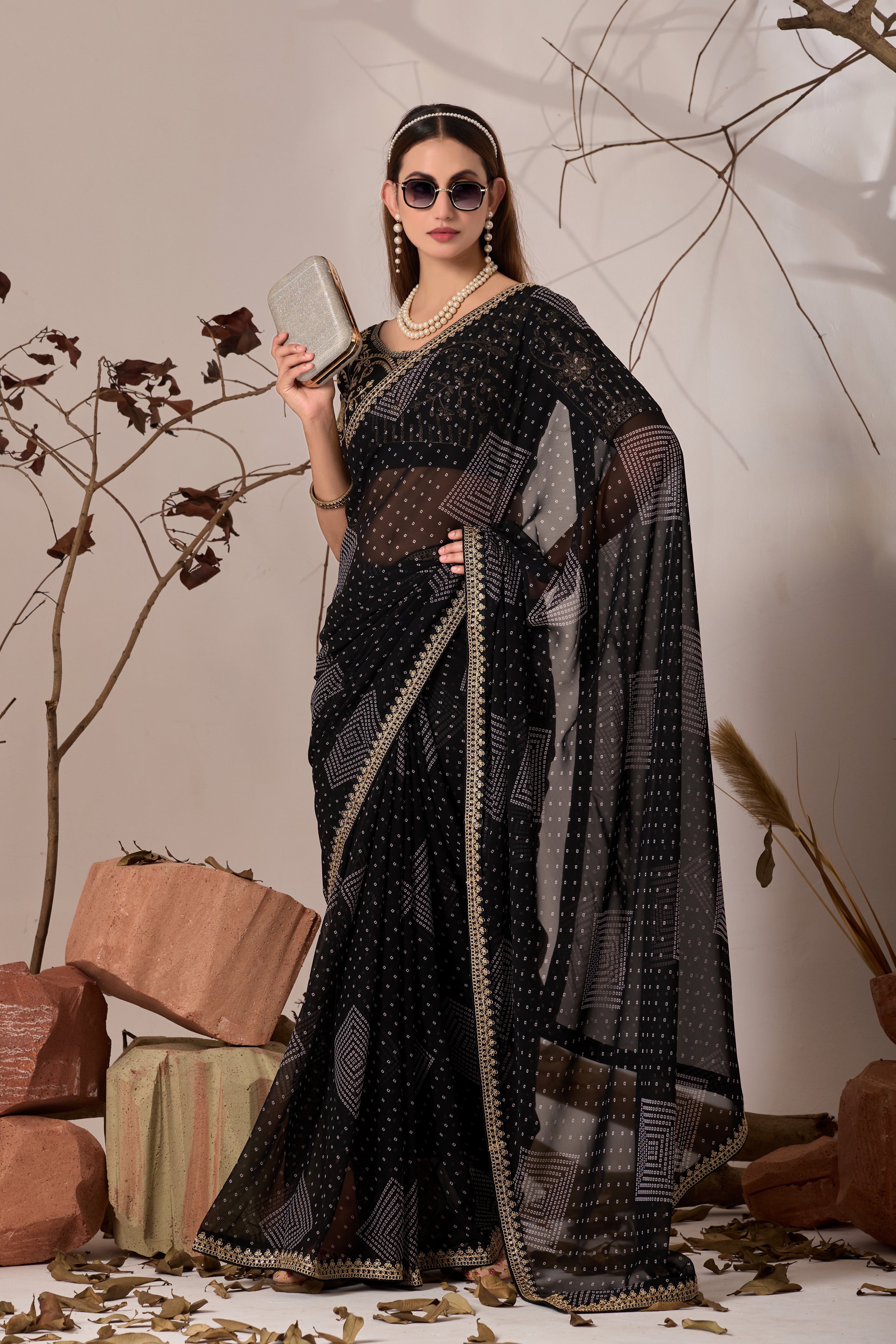 Bandhani Georgette Saree with Golden Embroidery