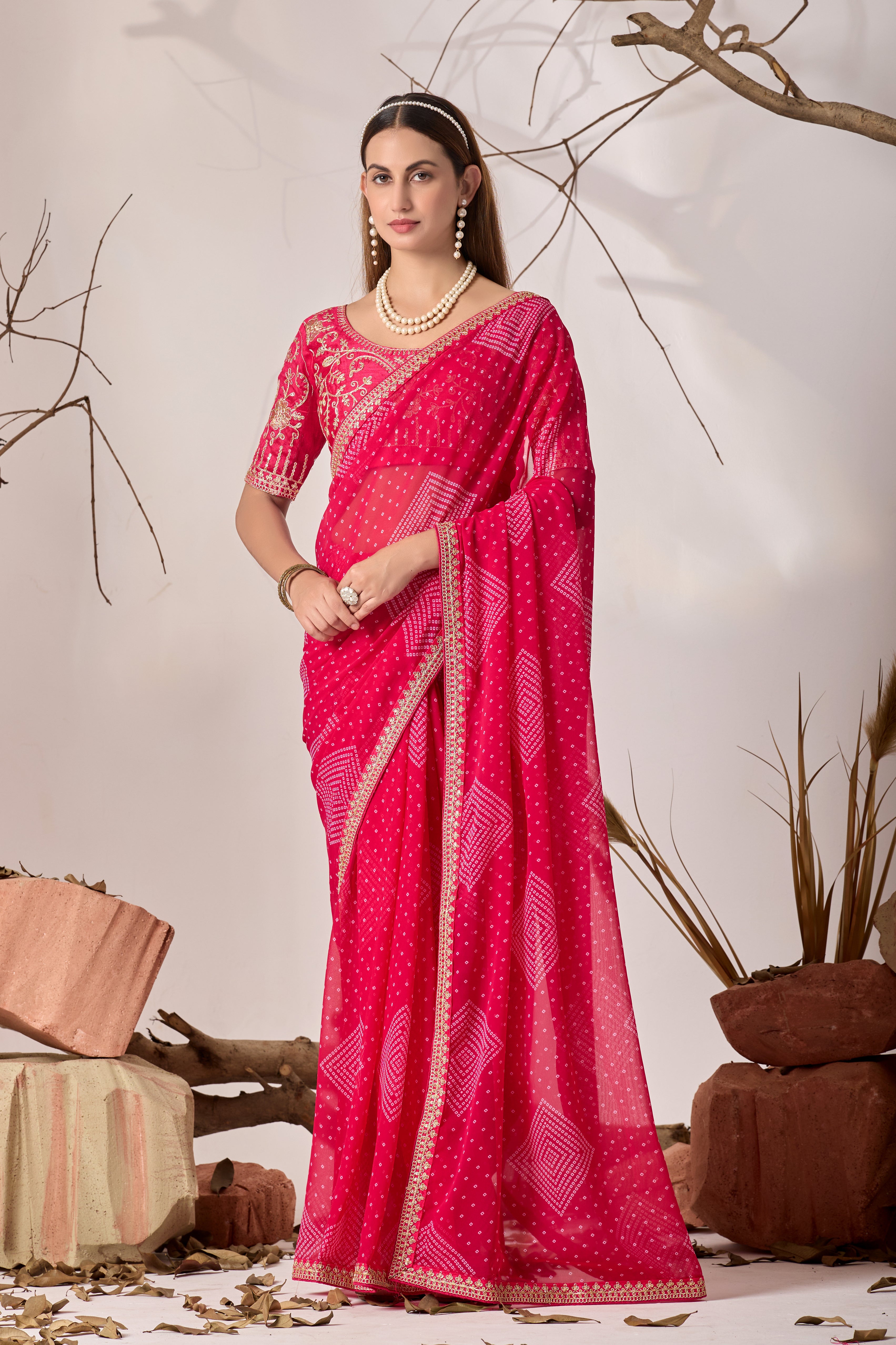 Bandhani Georgette Saree with Golden Embroidery