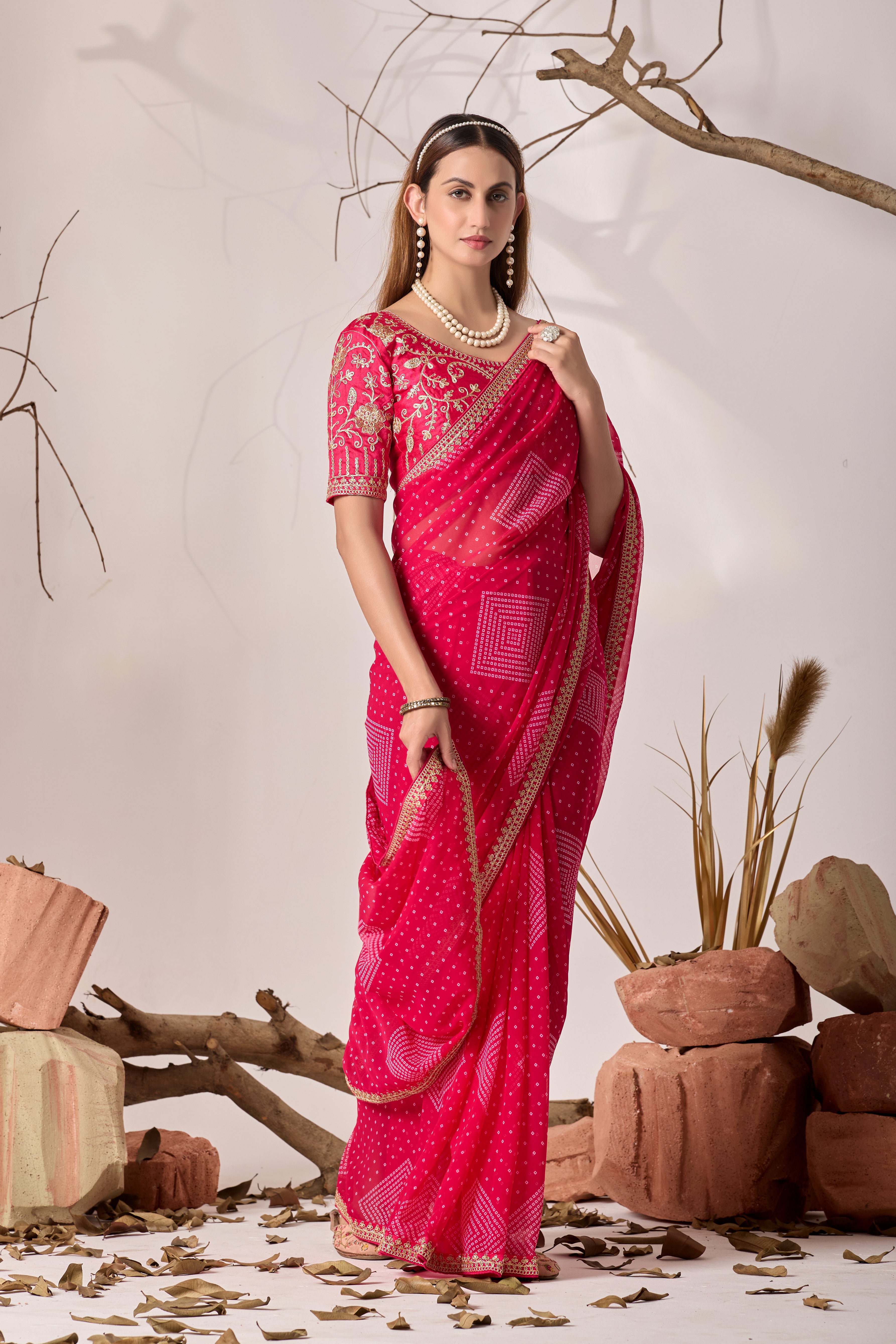 Bandhani Georgette Saree with Golden Embroidery