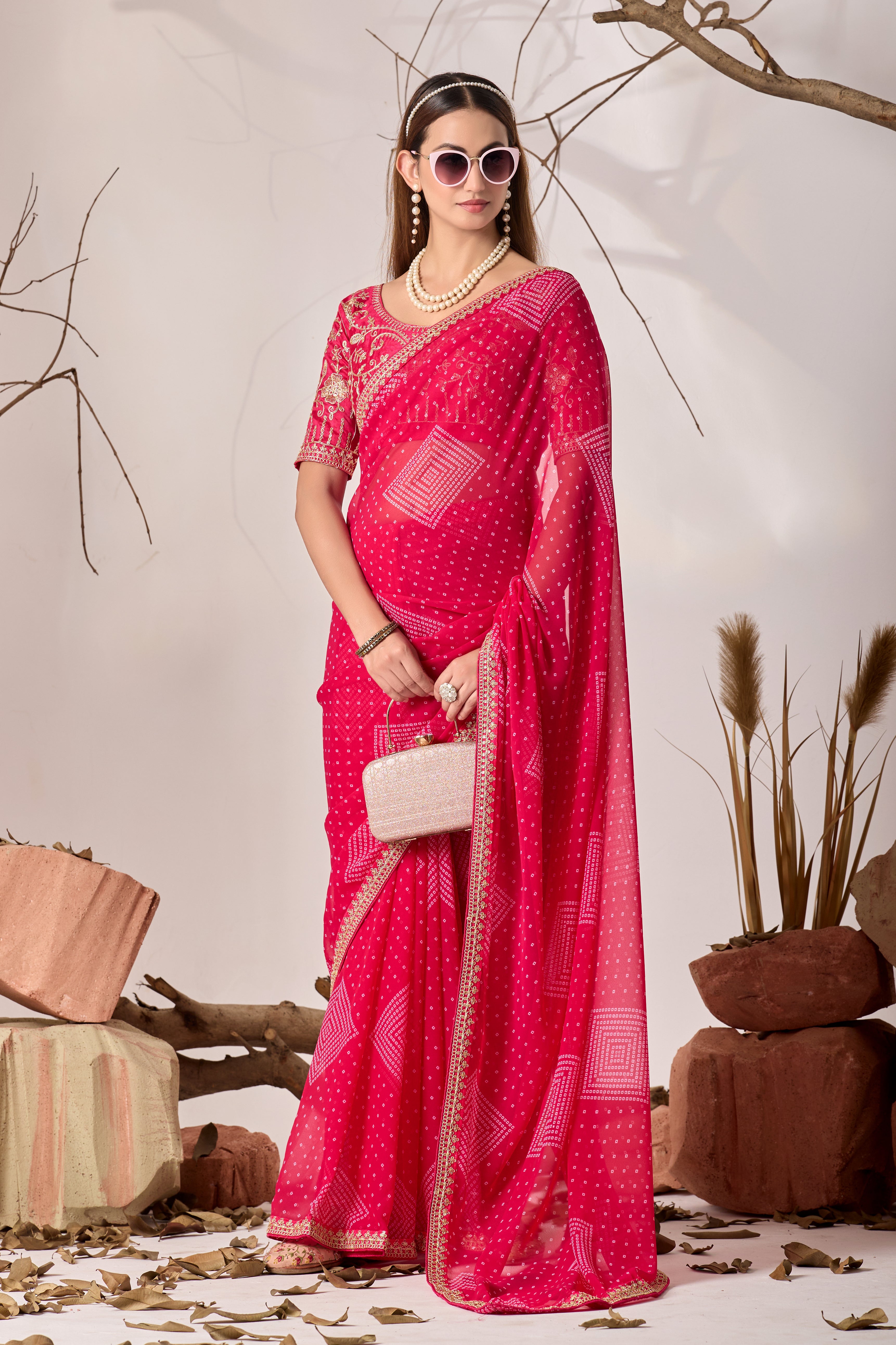 Bandhani Georgette Saree with Golden Embroidery