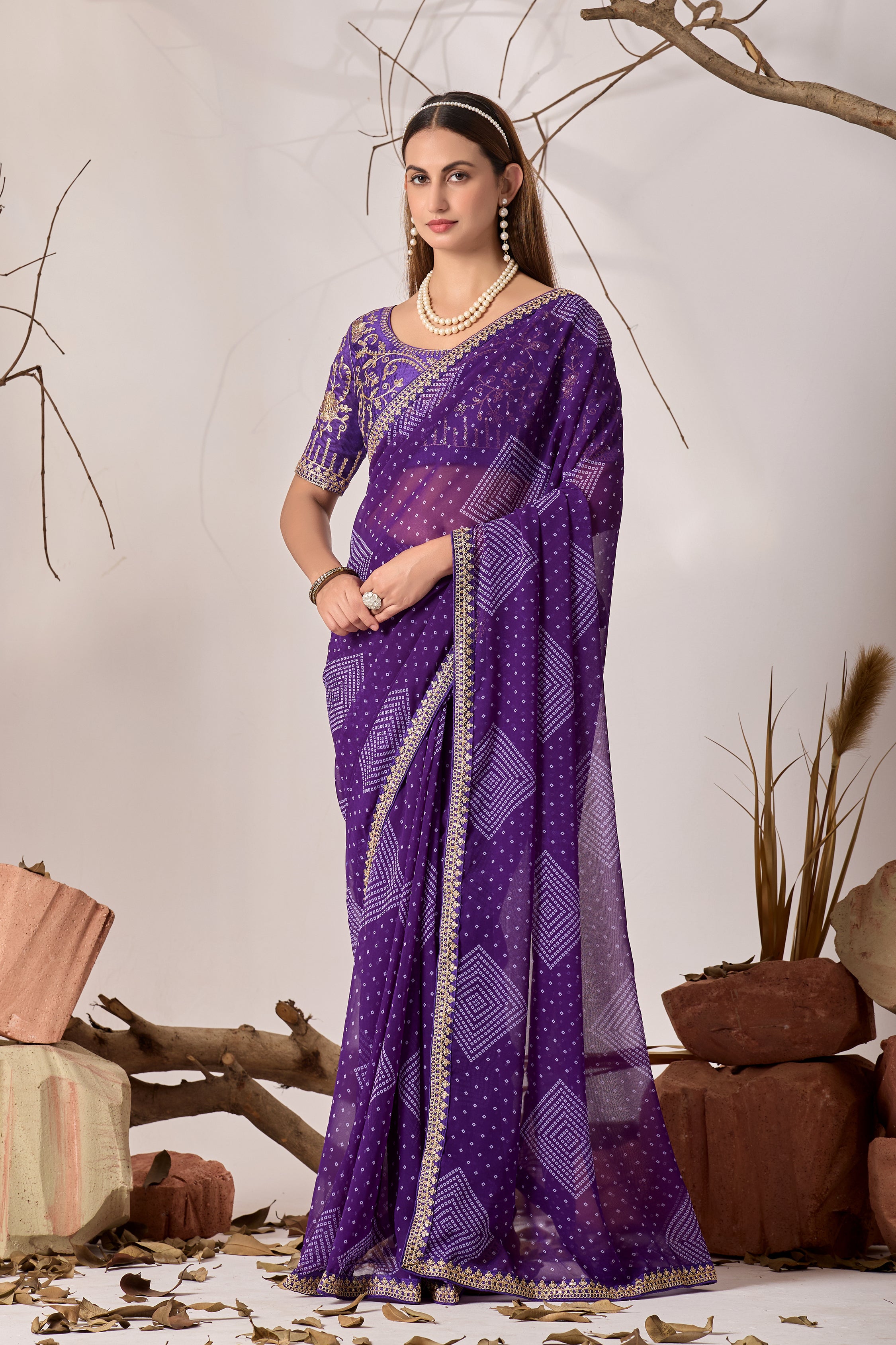 Bandhani Georgette Saree with Golden Embroidery