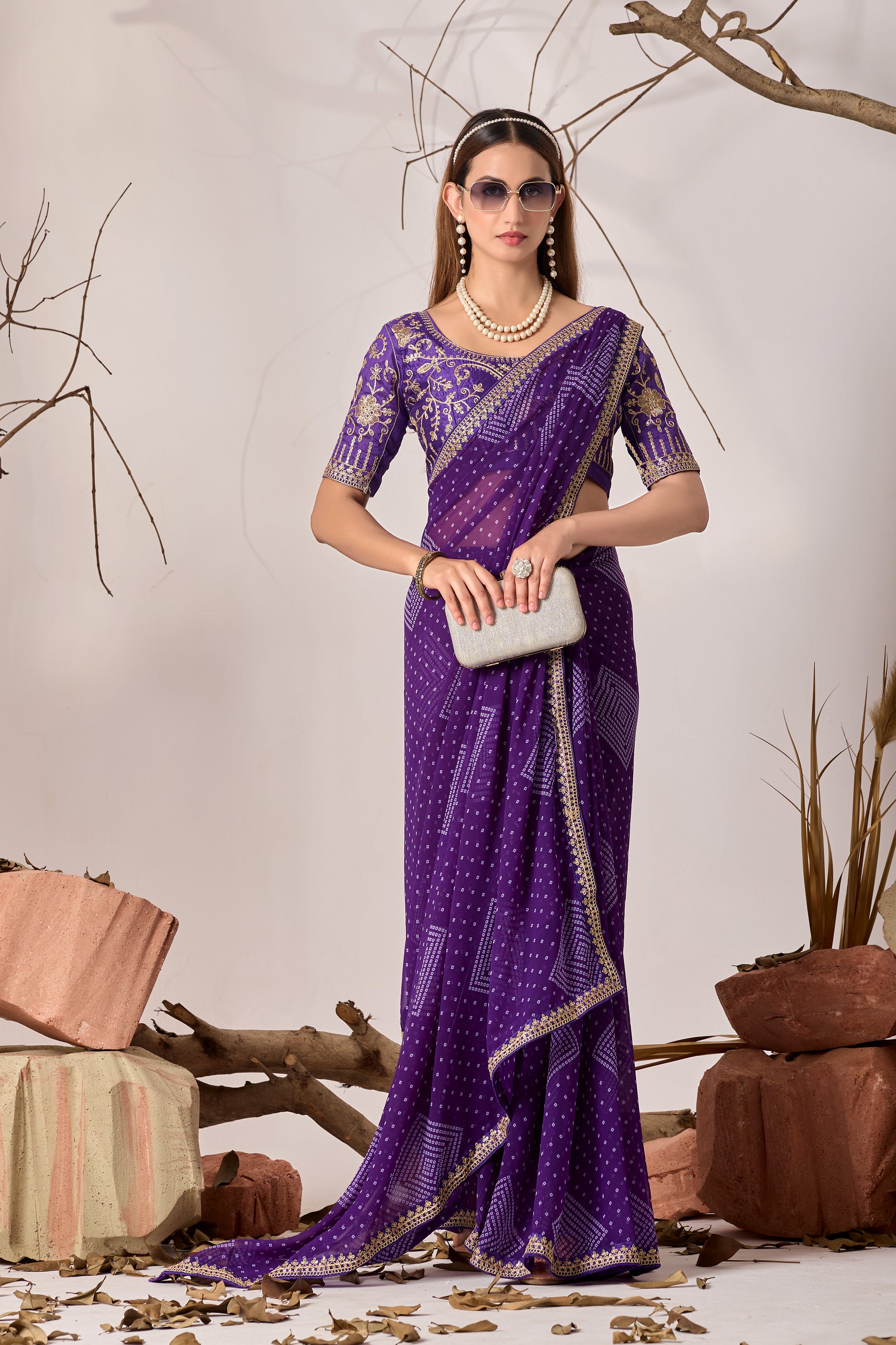 Bandhani Georgette Saree with Golden Embroidery