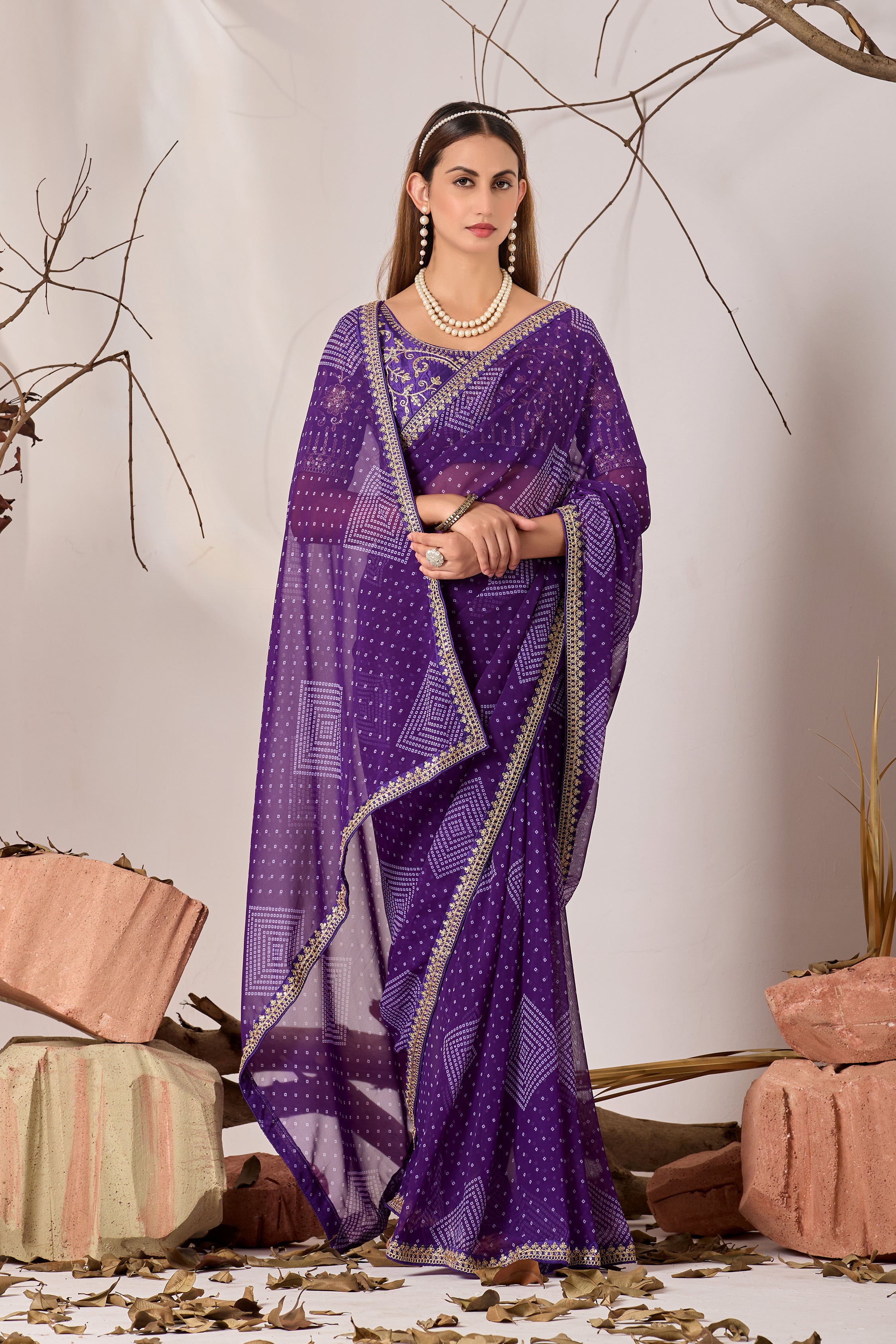 Bandhani Georgette Saree with Golden Embroidery