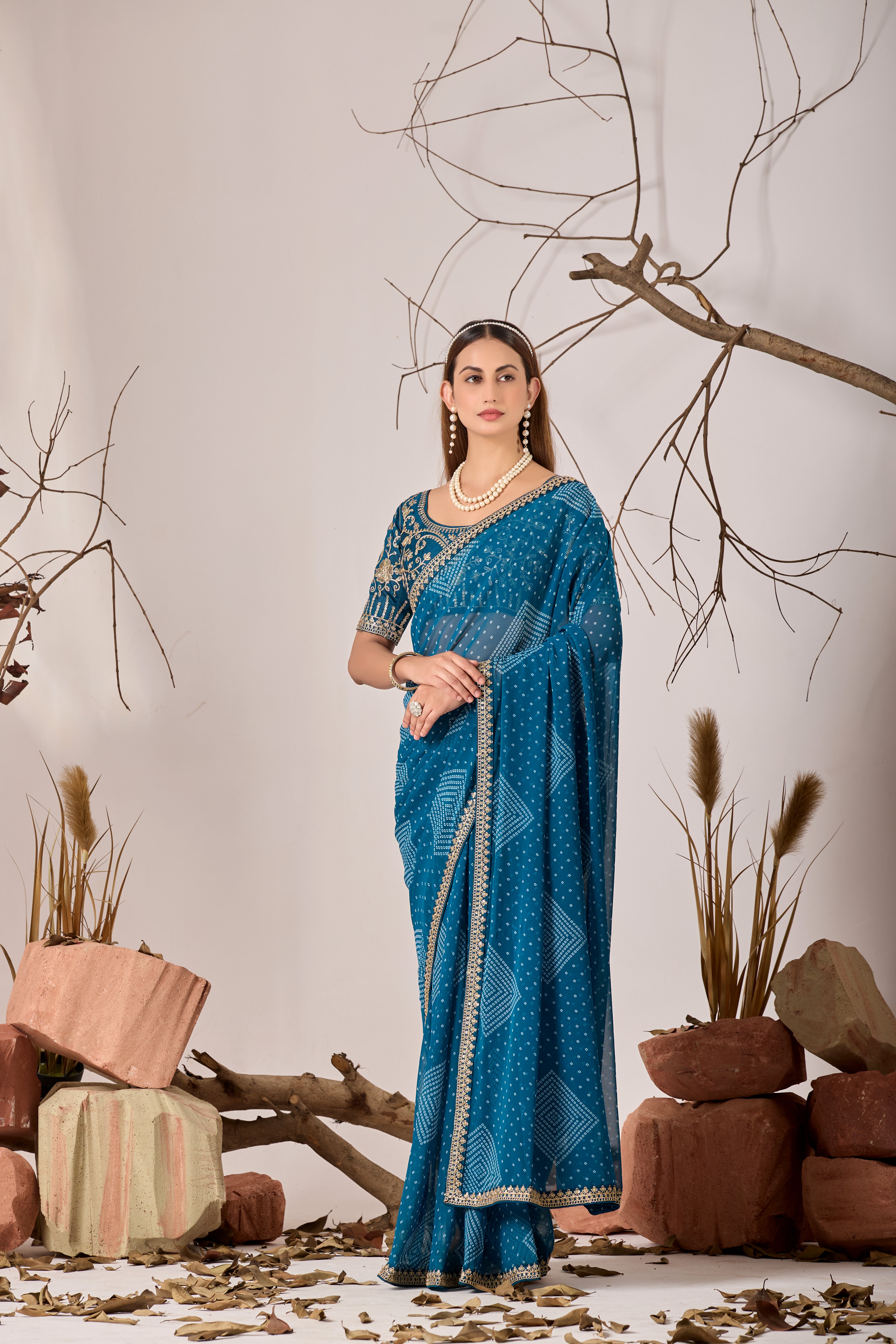 Bandhani Georgette Saree with Golden Embroidery
