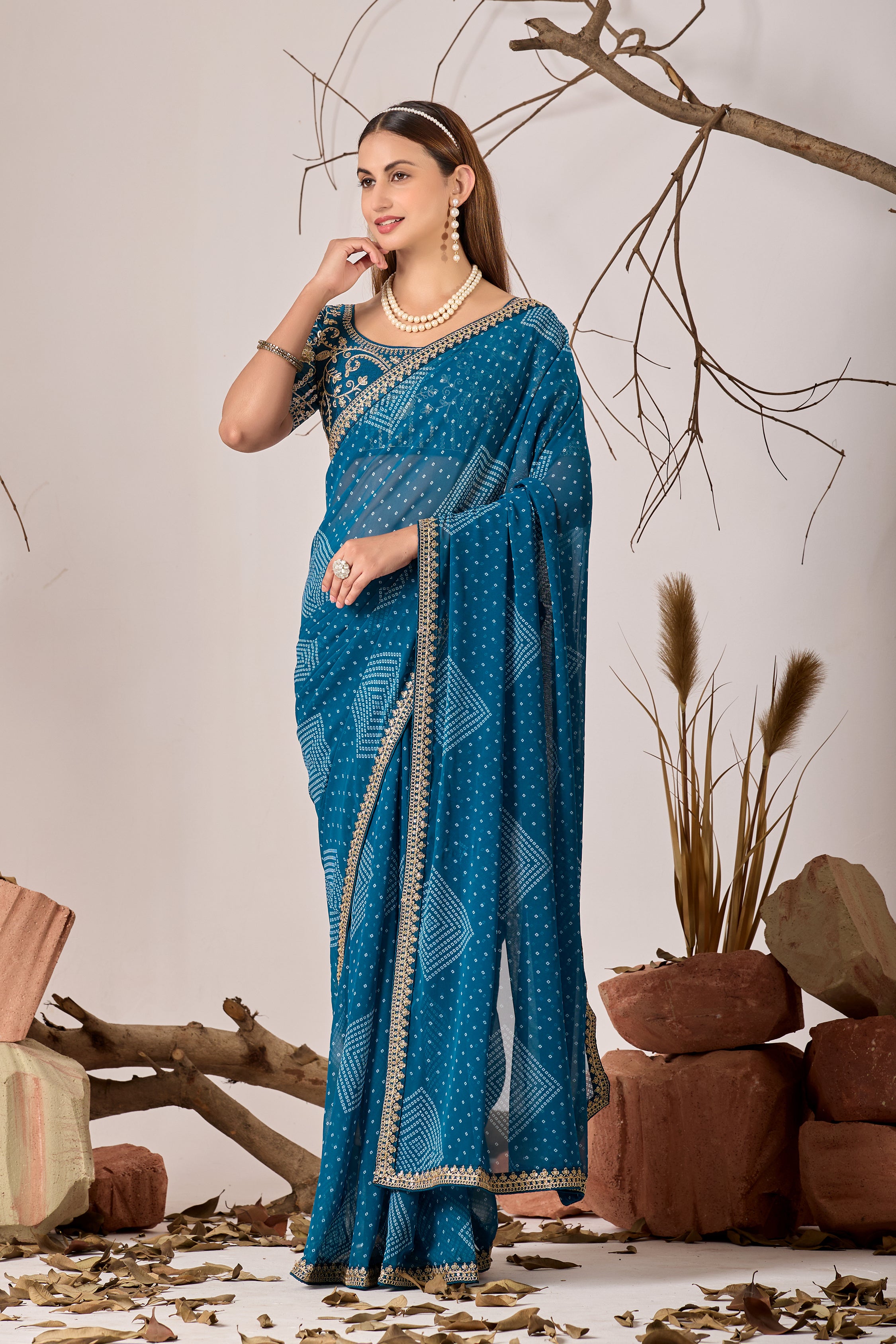 Bandhani Georgette Saree with Golden Embroidery