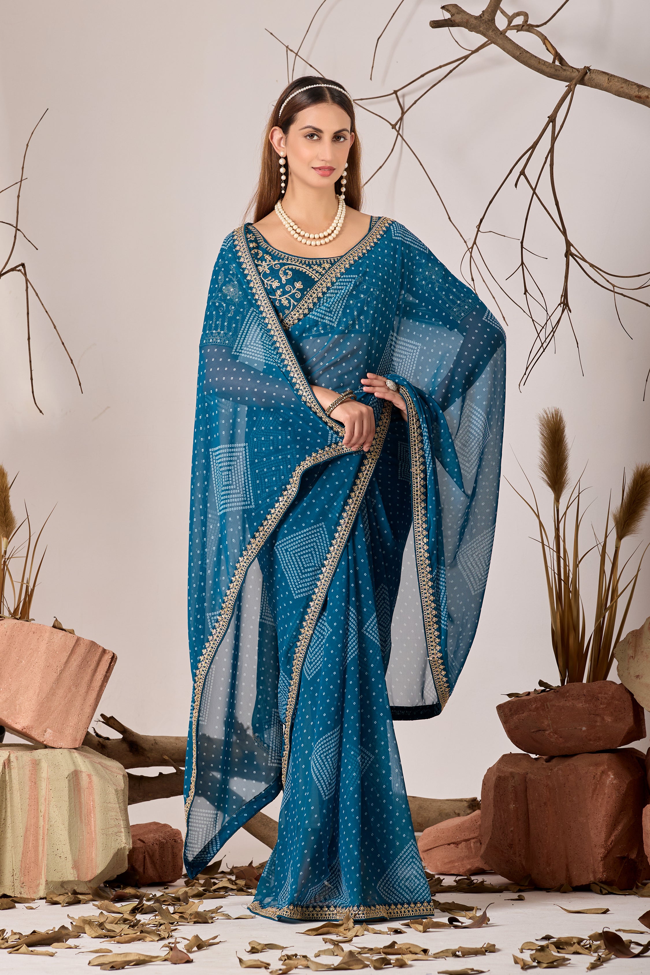 Bandhani Georgette Saree with Golden Embroidery