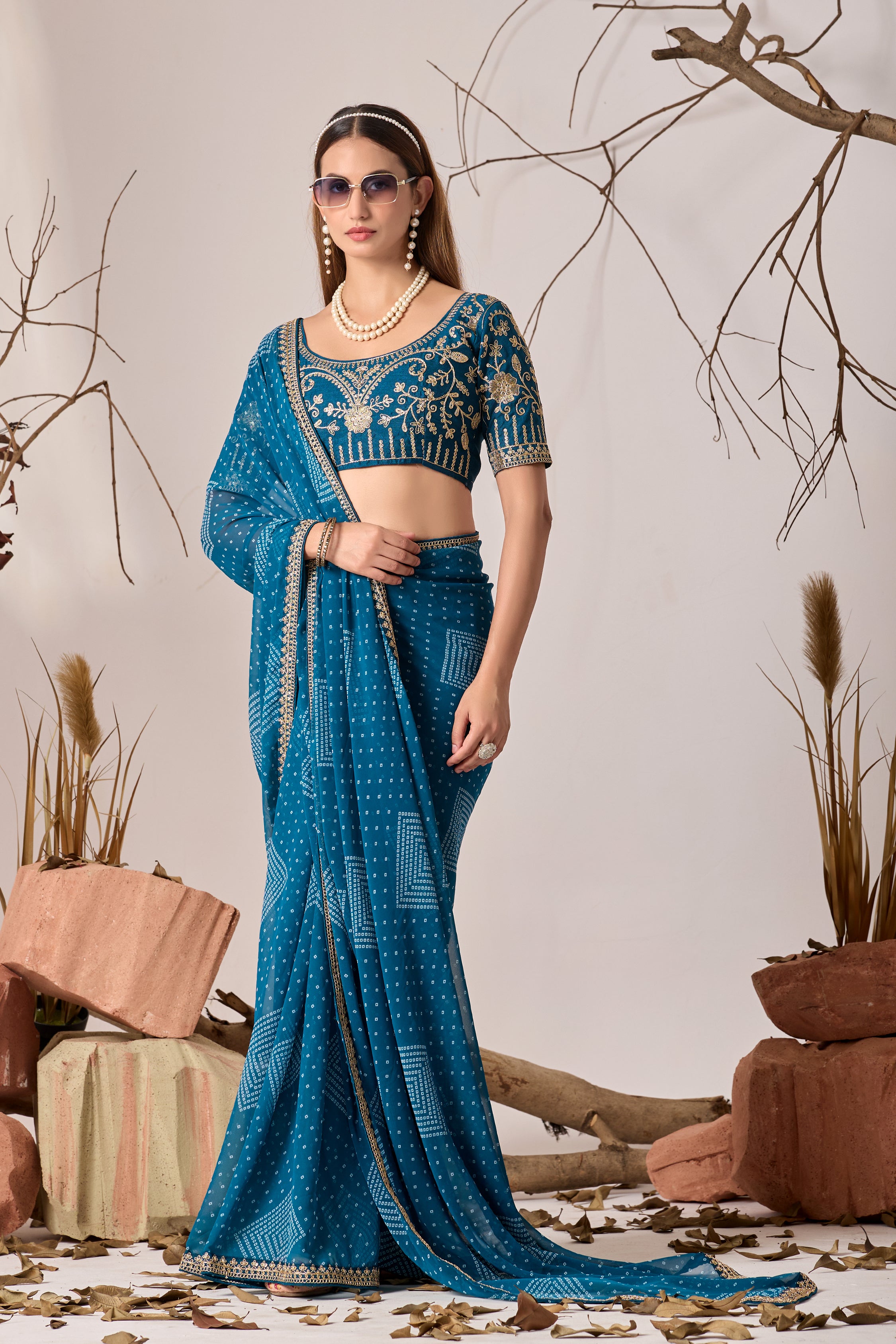 Bandhani Georgette Saree with Golden Embroidery
