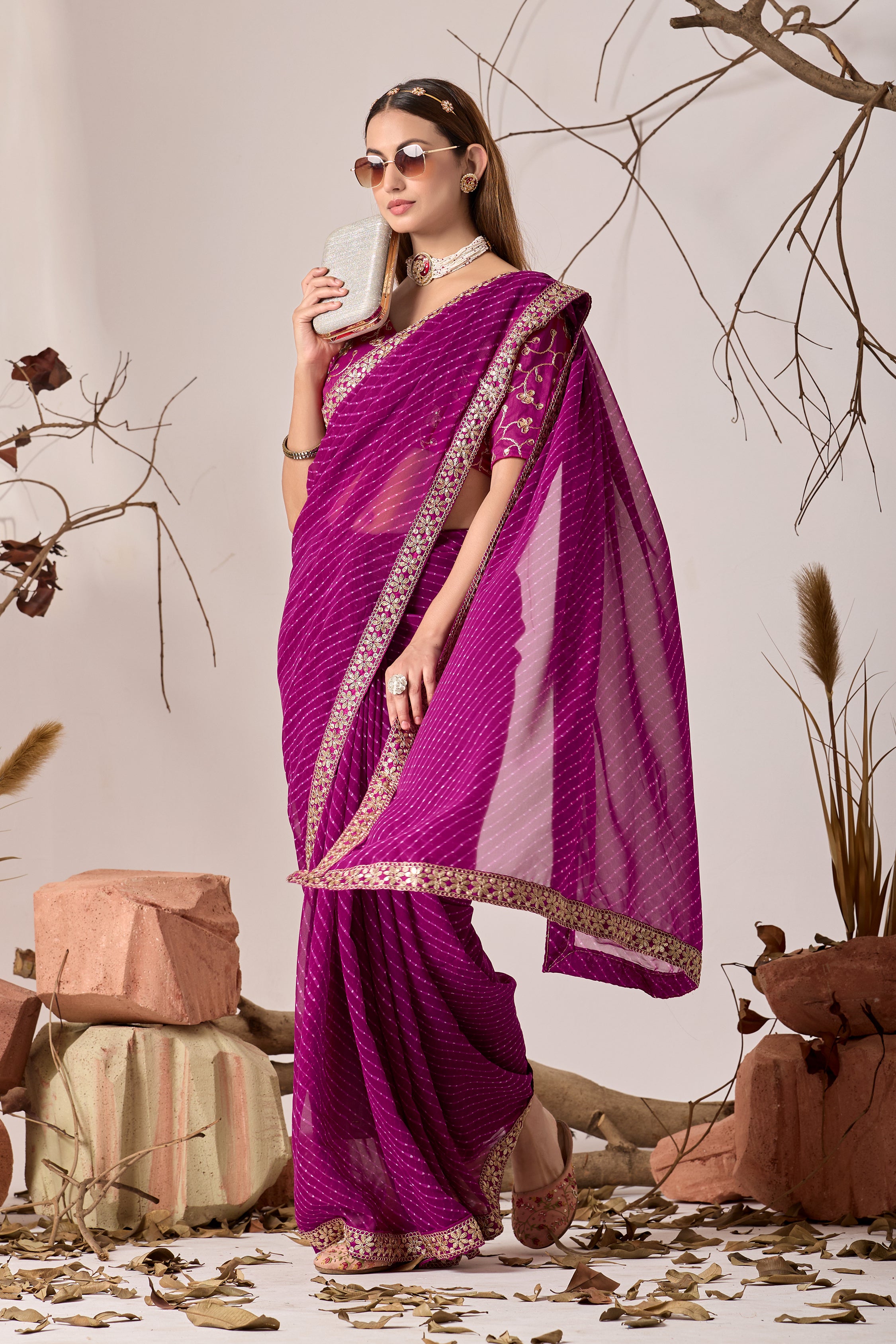 Royal Magenta Georgette Saree with Embroidered Border