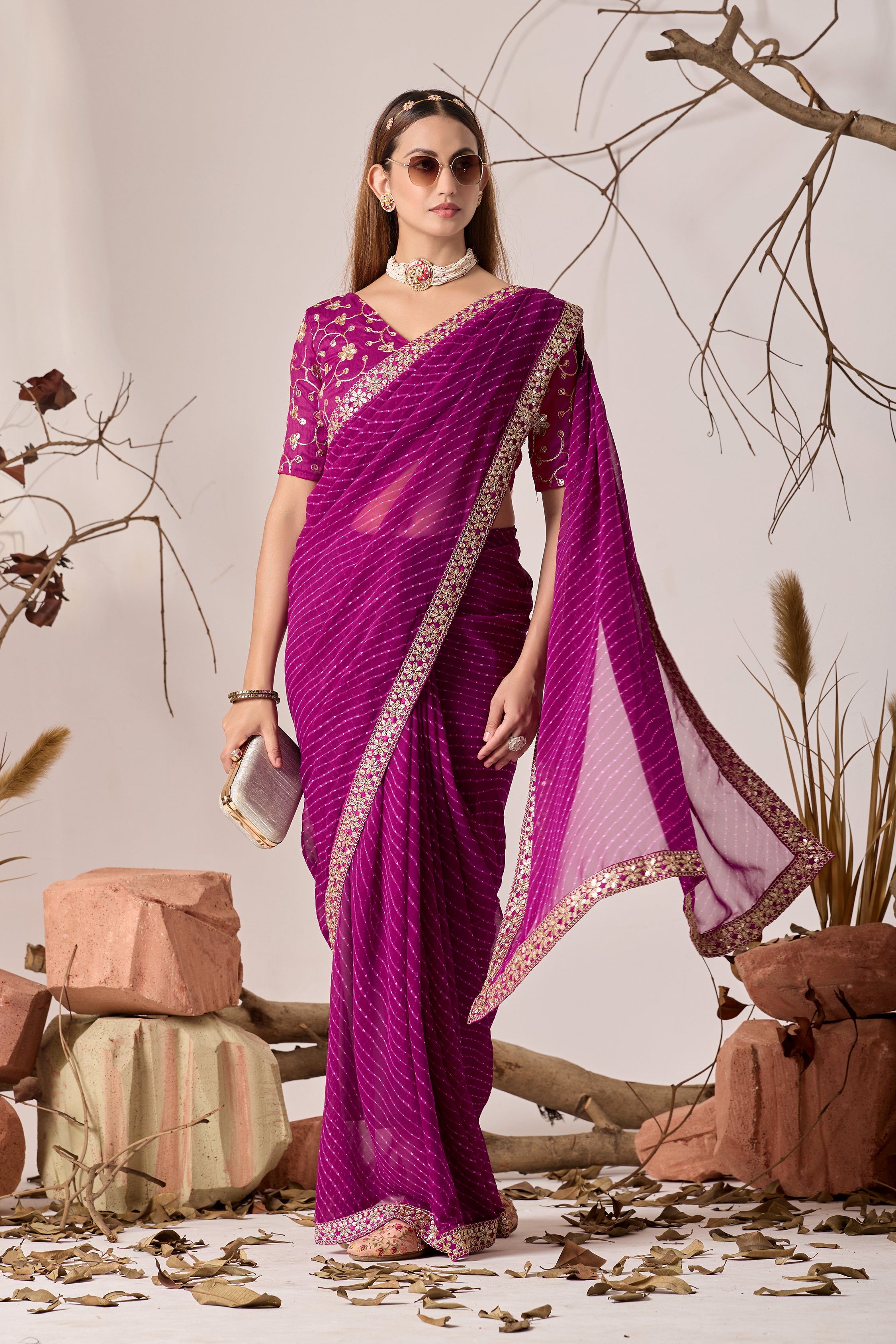 Royal Magenta Georgette Saree with Embroidered Border