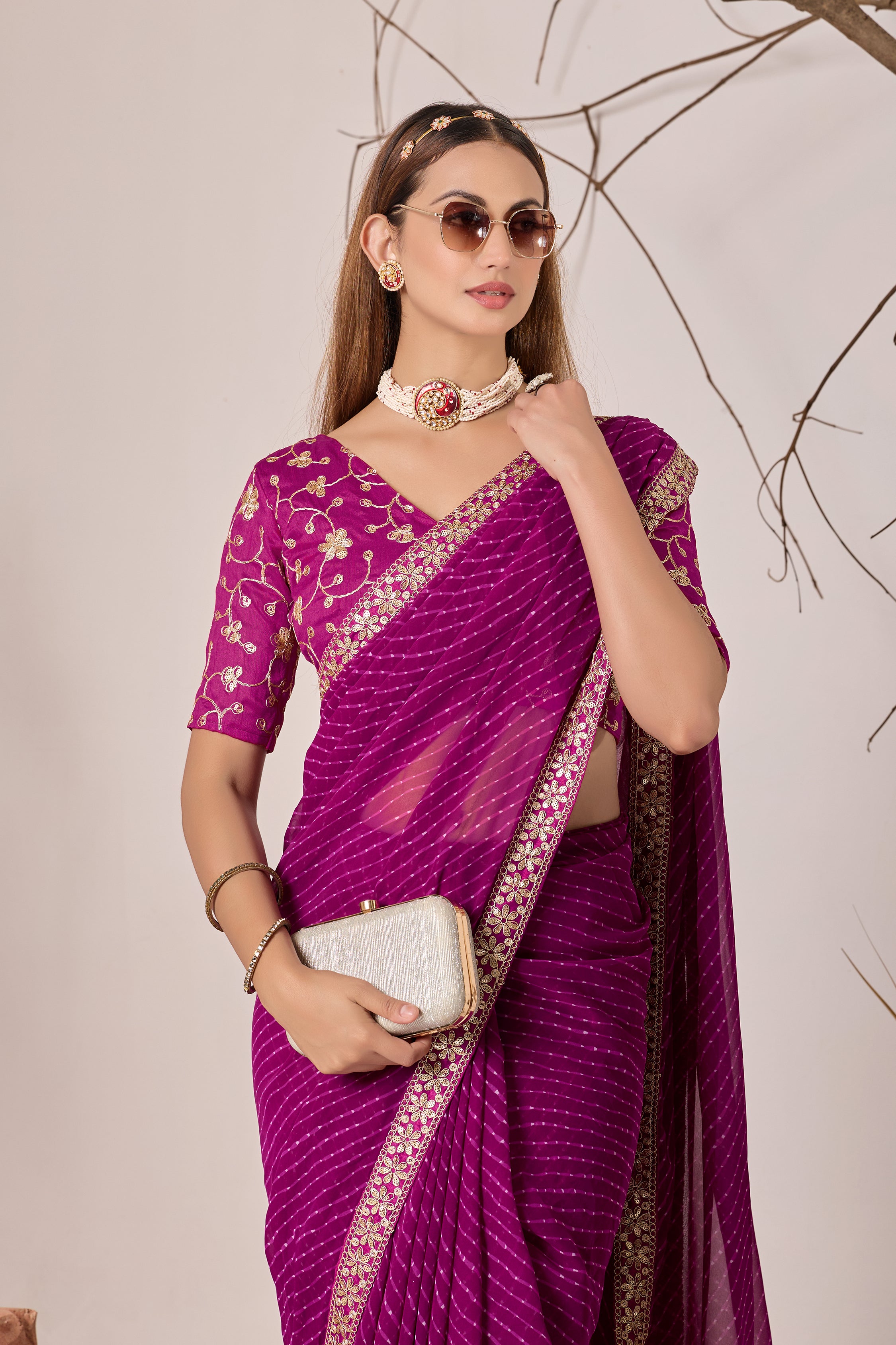 Royal Magenta Georgette Saree with Embroidered Border