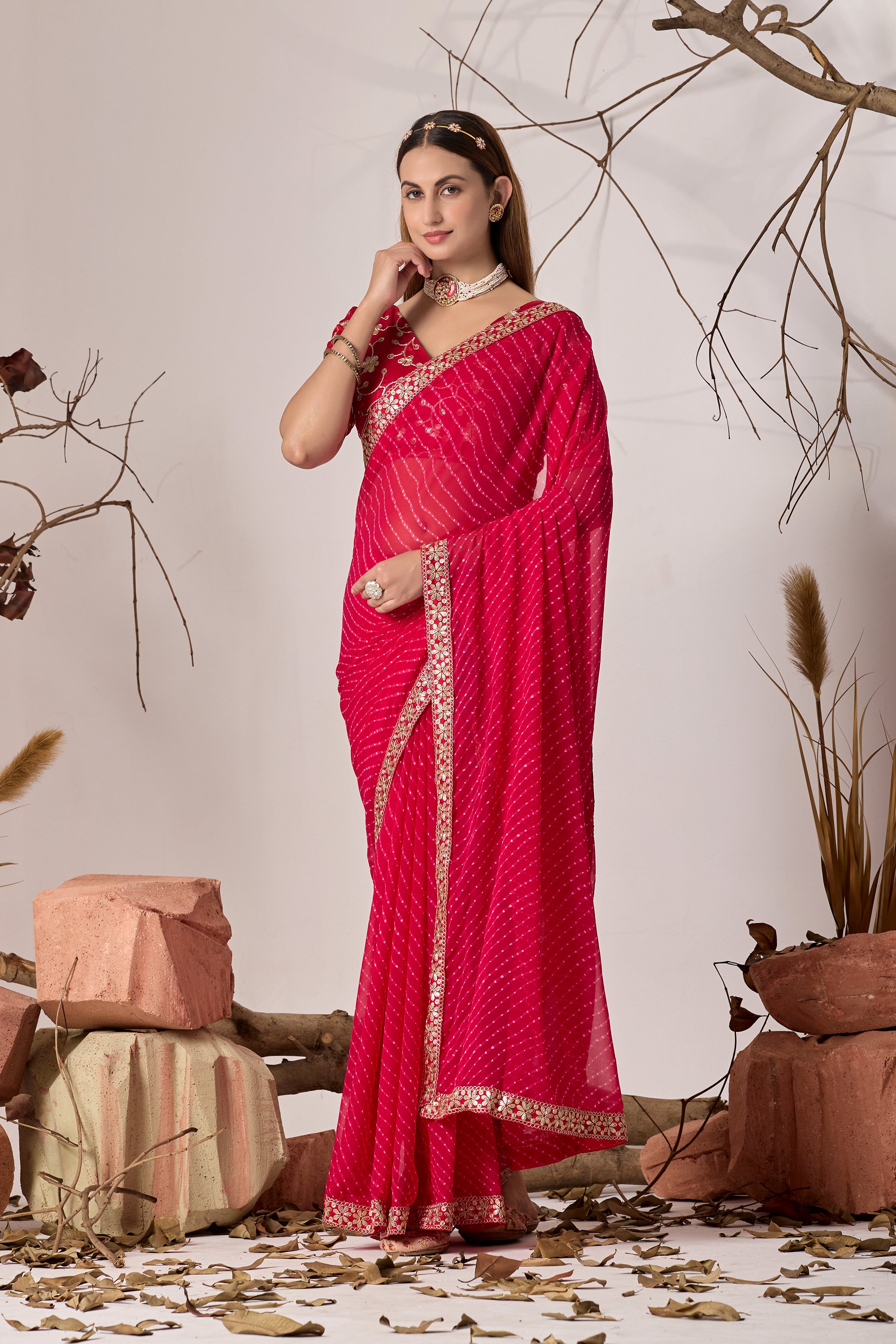 Royal  Red Georgette Saree with Embroidered Border