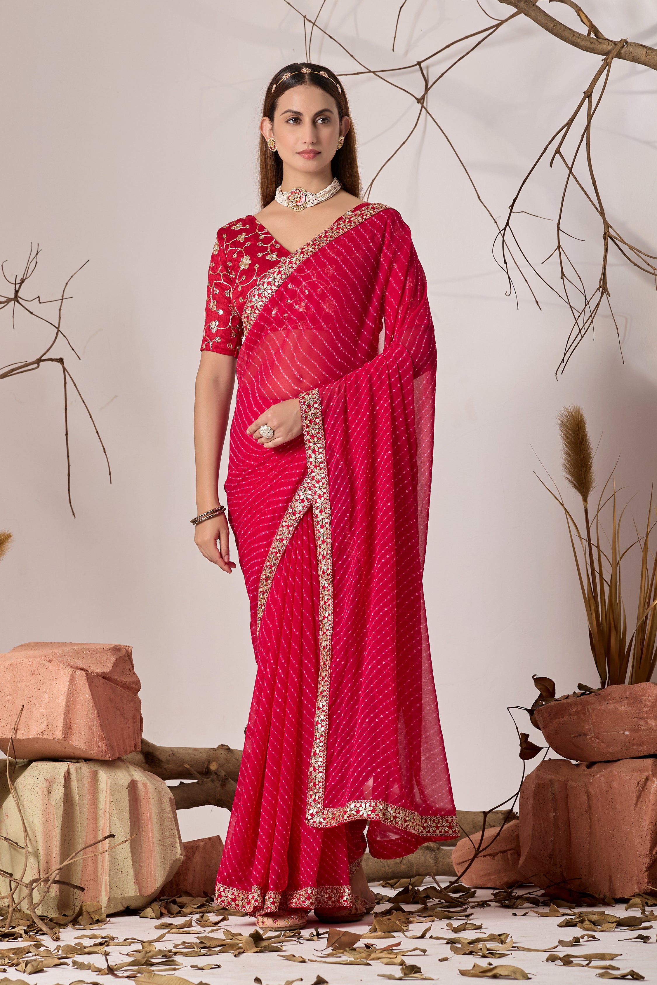Royal  Red Georgette Saree with Embroidered Border