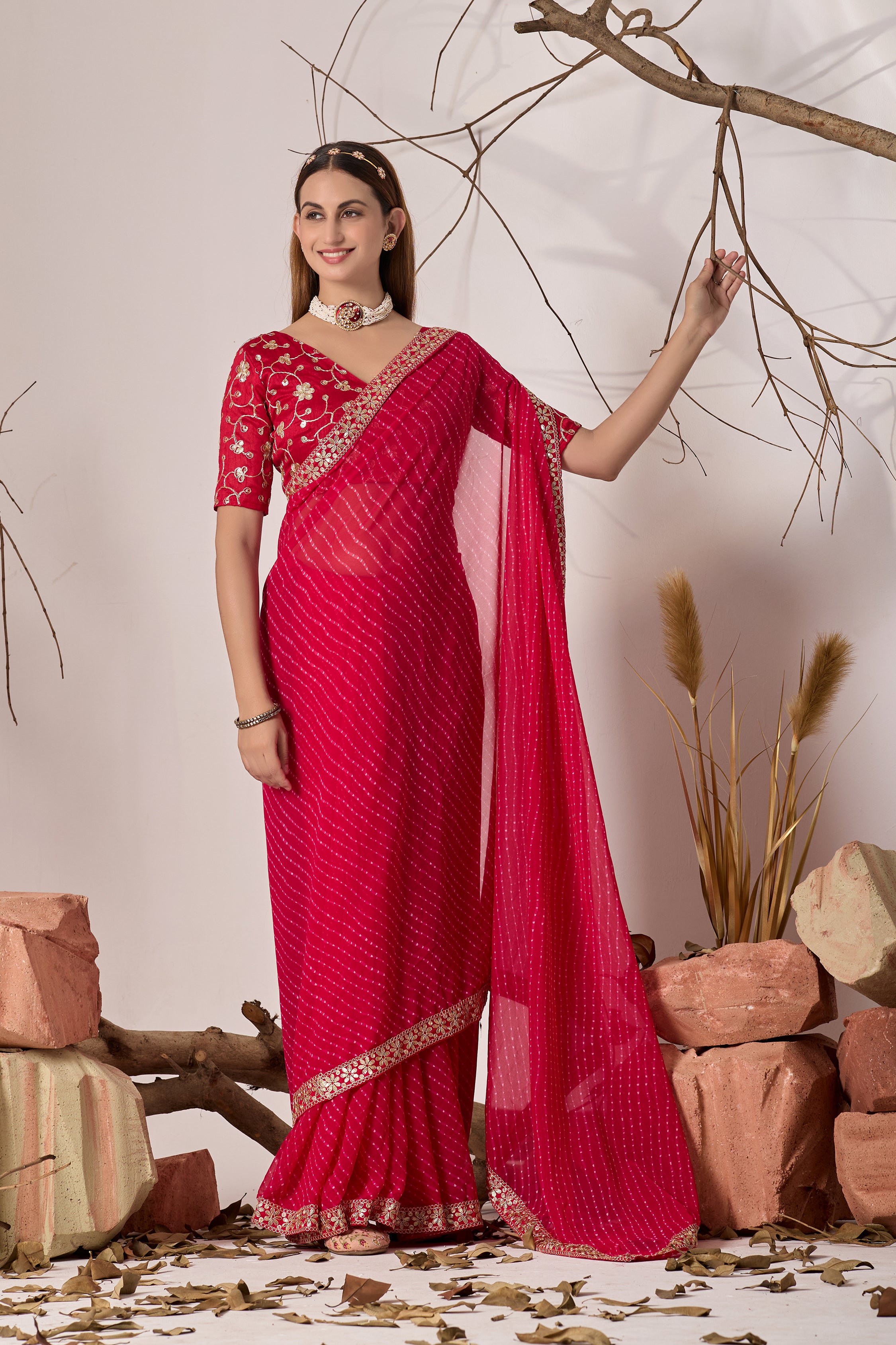 Royal  Red Georgette Saree with Embroidered Border