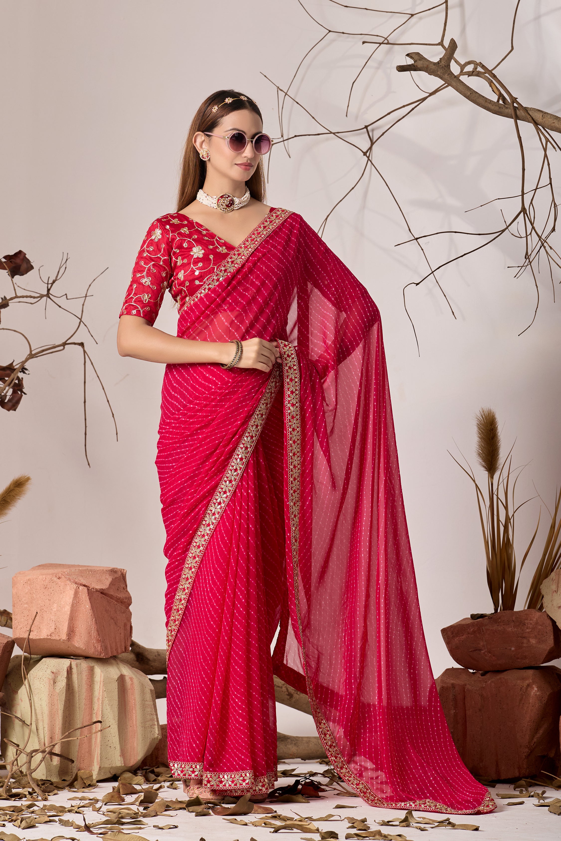 Royal  Red Georgette Saree with Embroidered Border