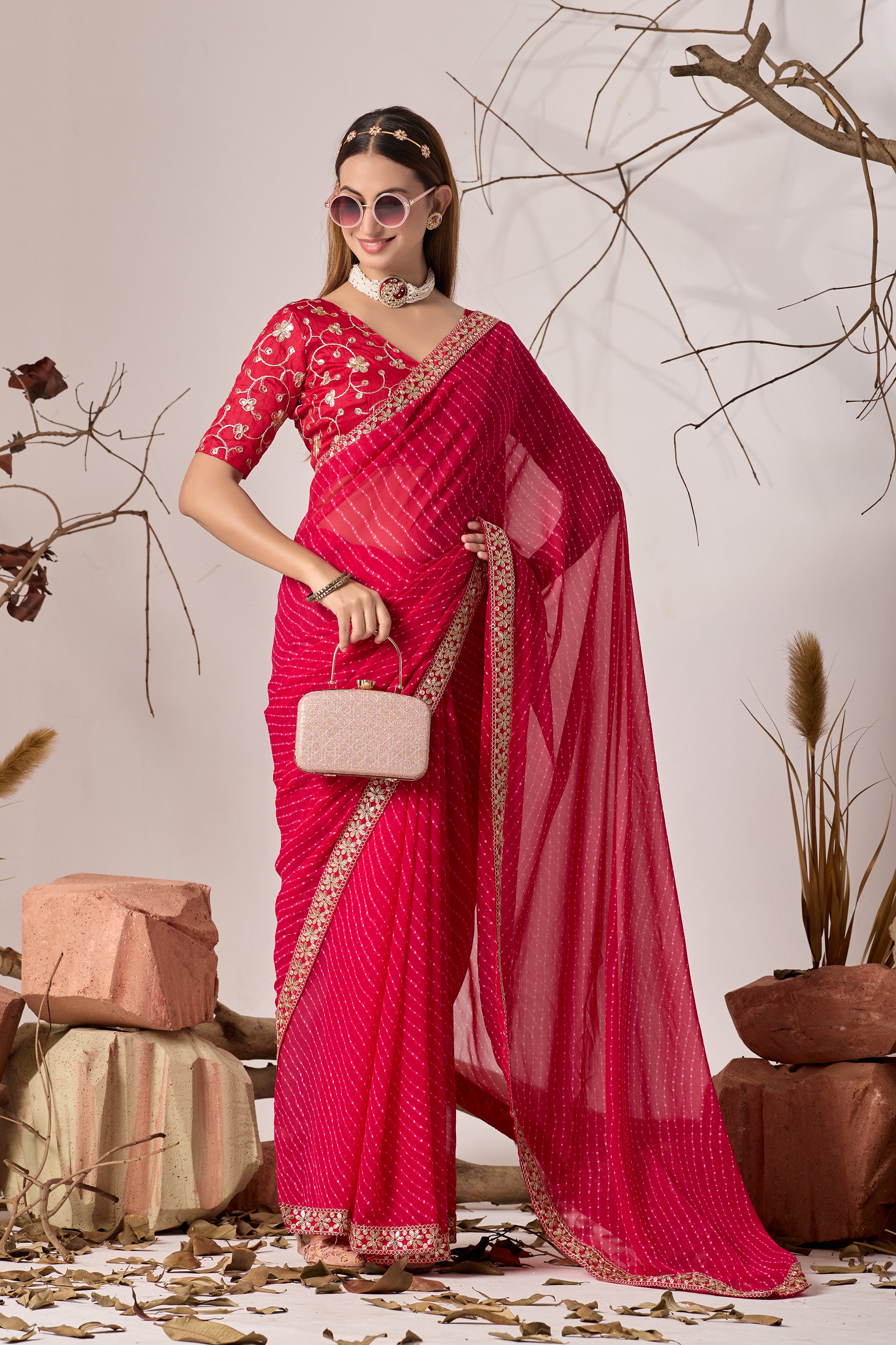 Royal  Red Georgette Saree with Embroidered Border