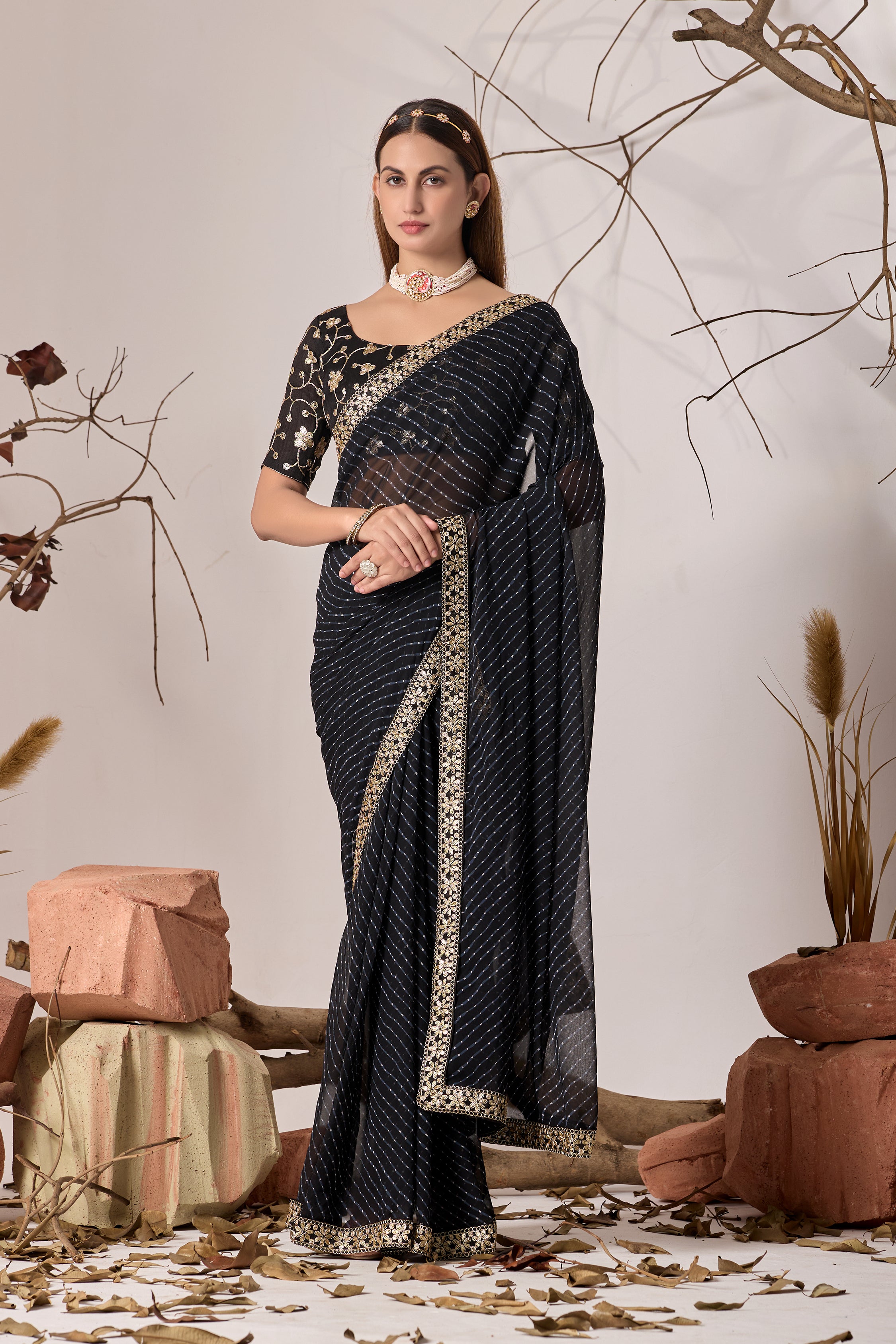 Royal Black Georgette Saree with Embroidered Border