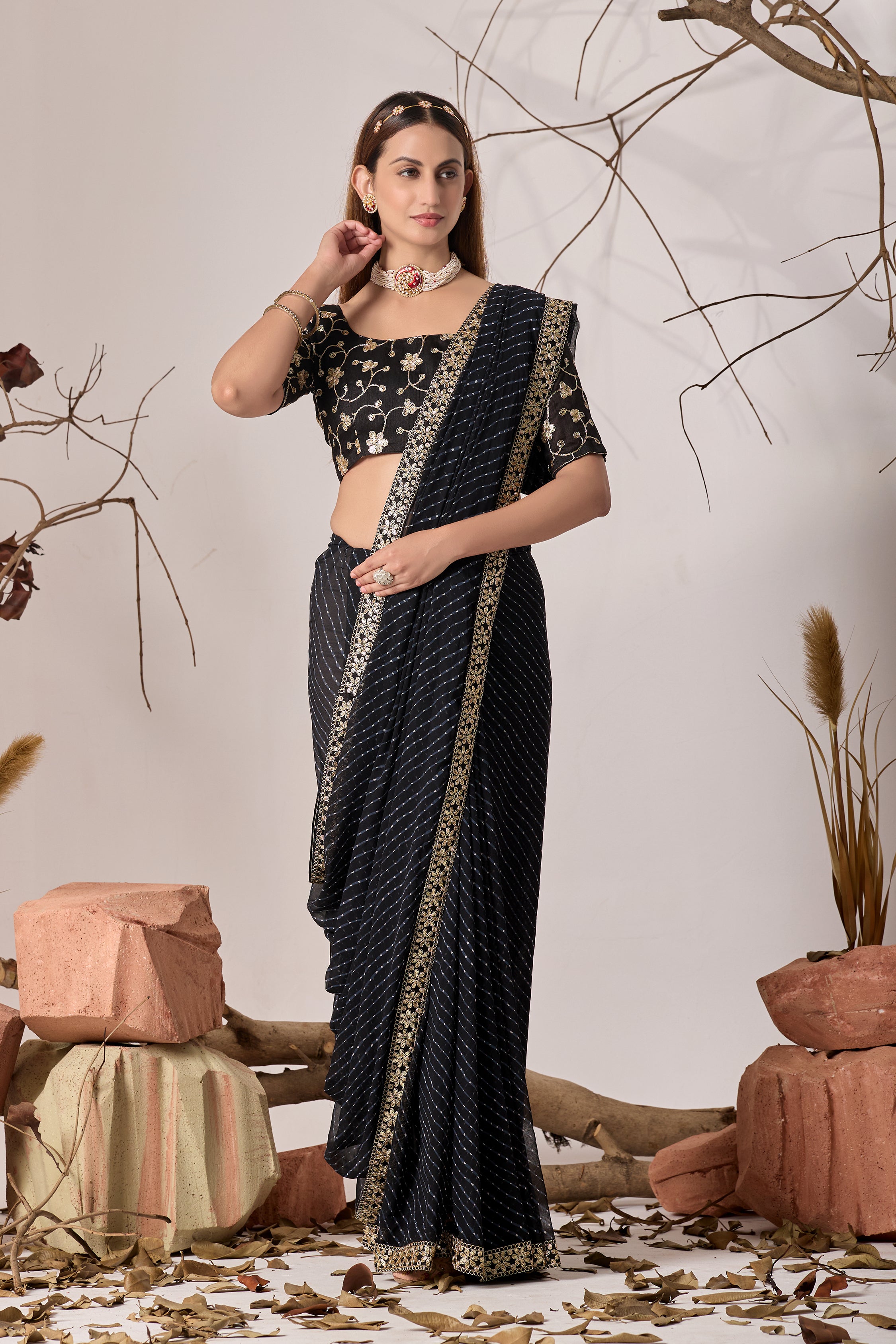 Royal Black Georgette Saree with Embroidered Border