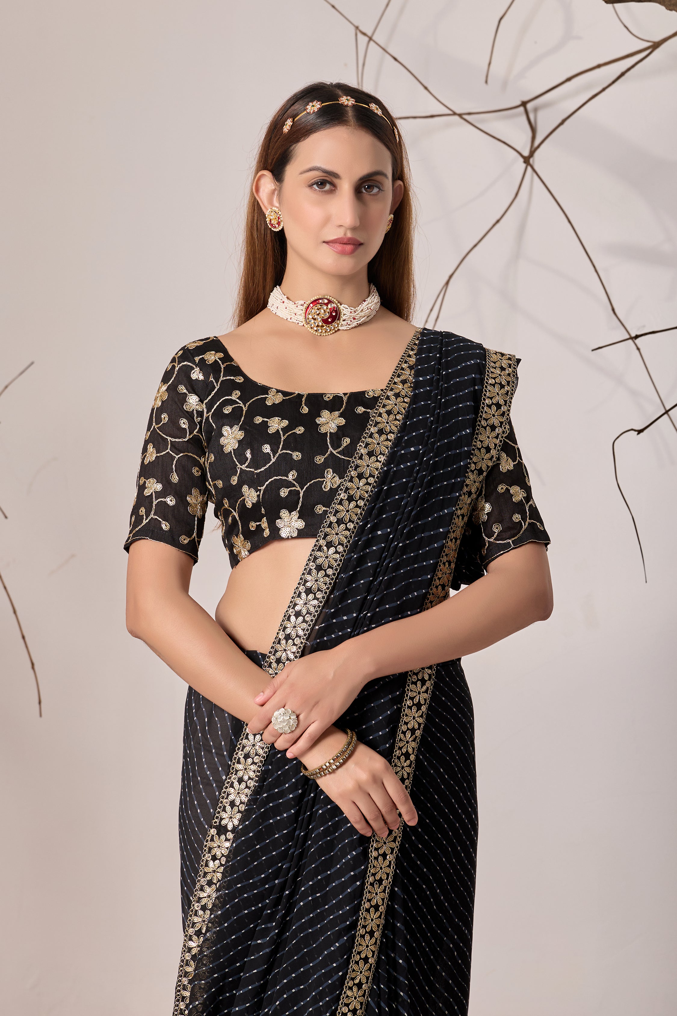 Royal Black Georgette Saree with Embroidered Border